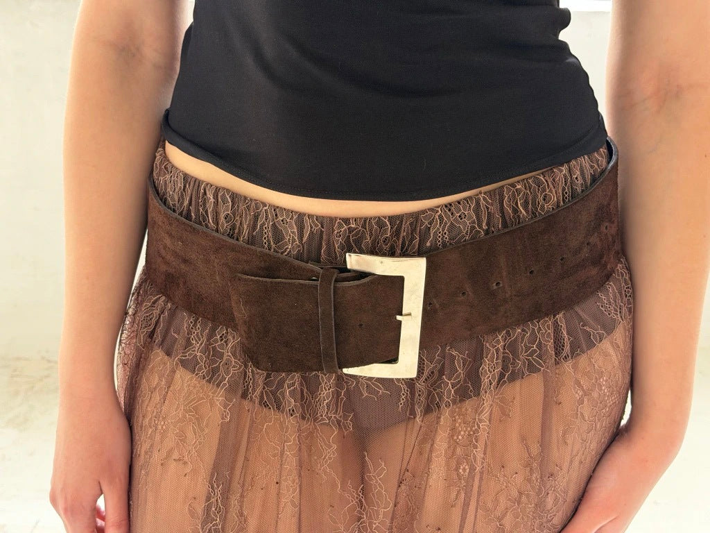 WIDE LEATHER BELT - BROWN SUEDE