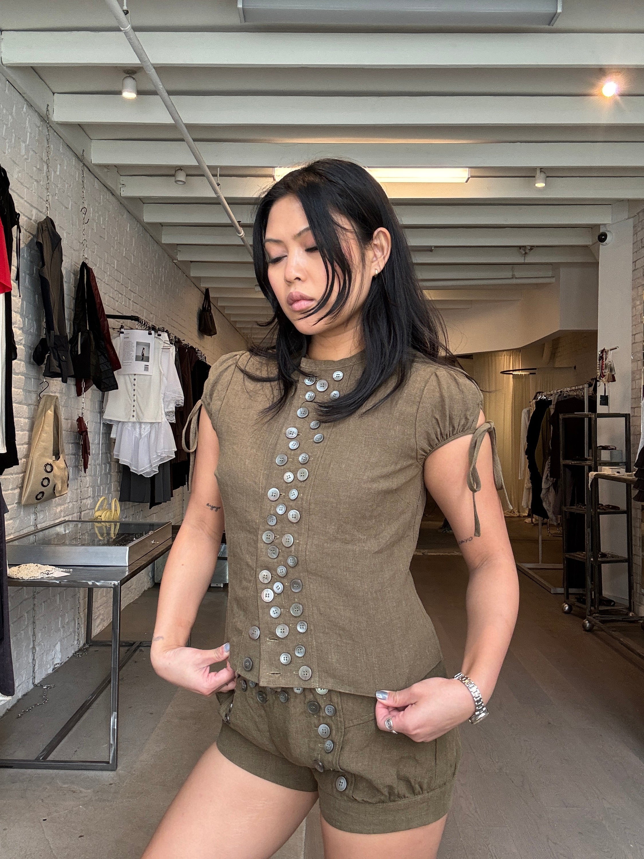 Multi-Button Sailor Shorts in Olive