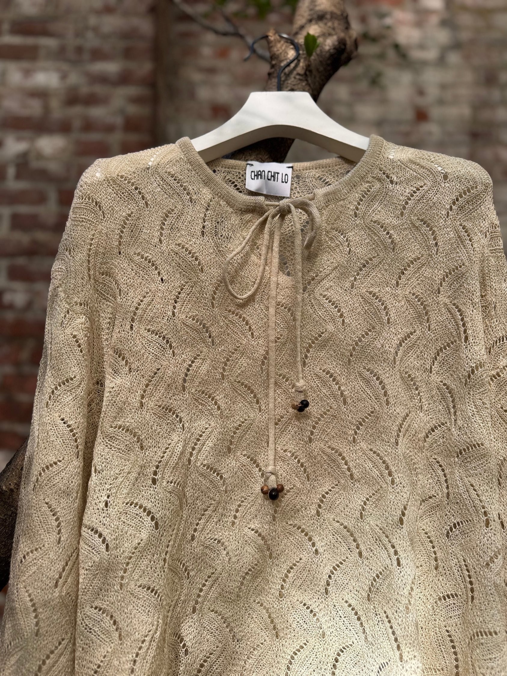 RIPPLE LACE STITCH WOOD BEAD TIE UP SWEATER