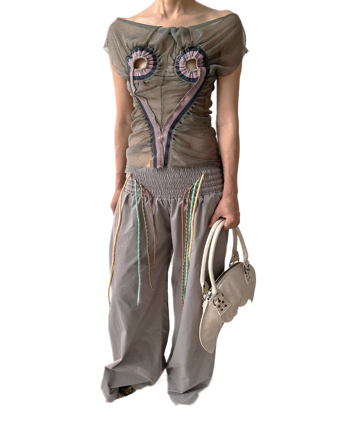 Low-rise Nylon Sports Oversized Baggy Pants w/ 4 Strings Thistle