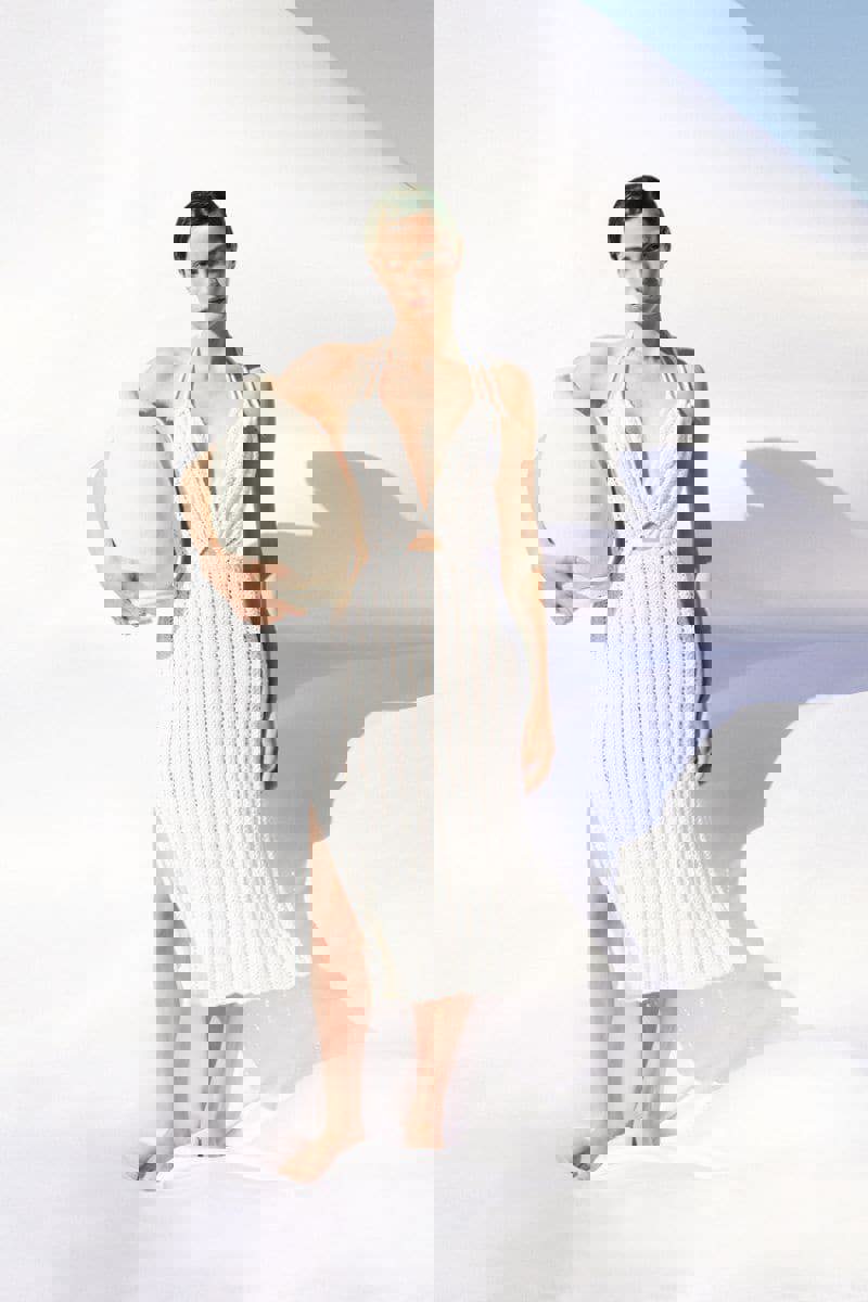 WHITE CROCHET TIE STRAP MIDI DRESS