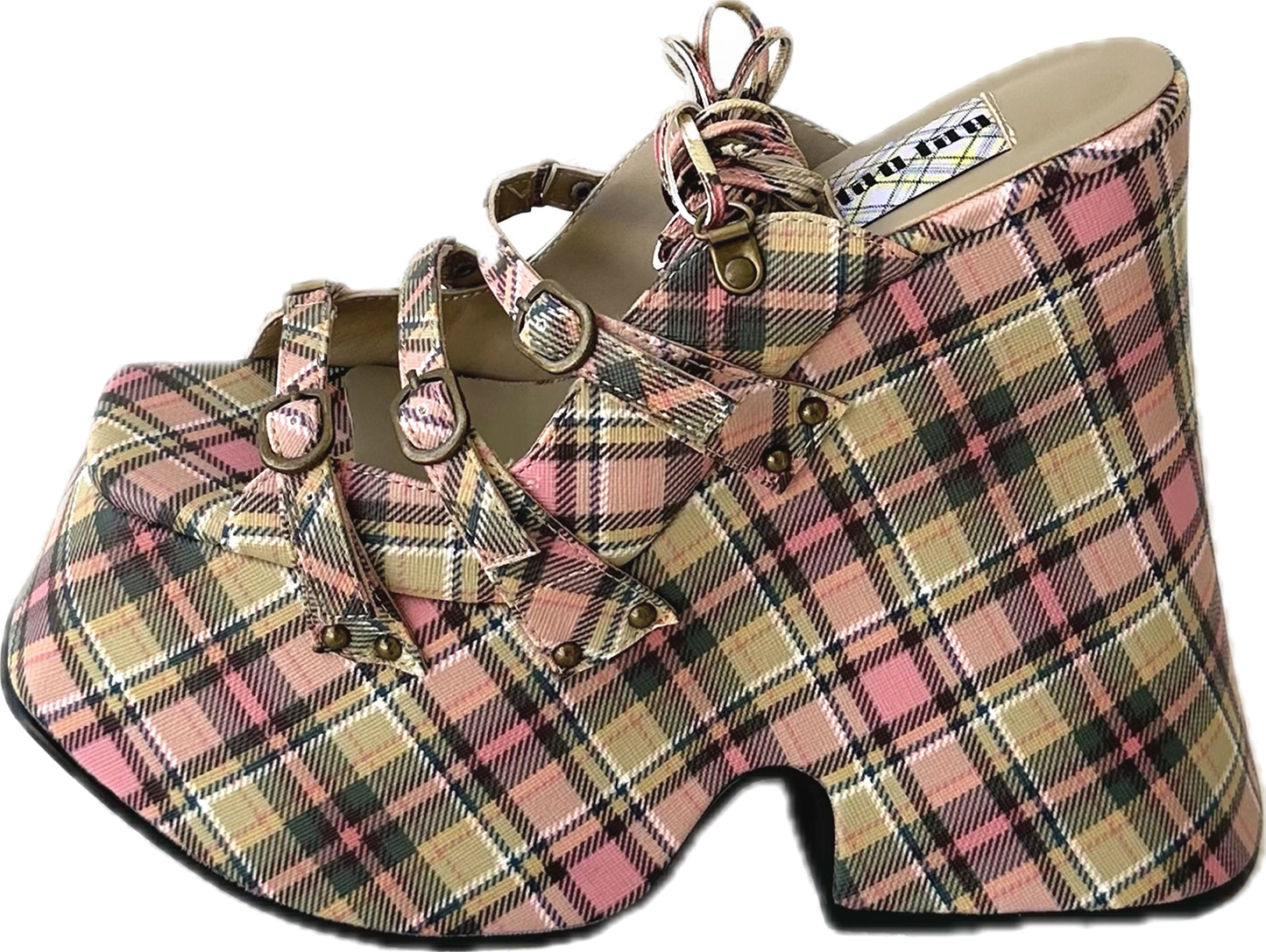 Plaid Vegan Leather Lace Up Platform Sandals