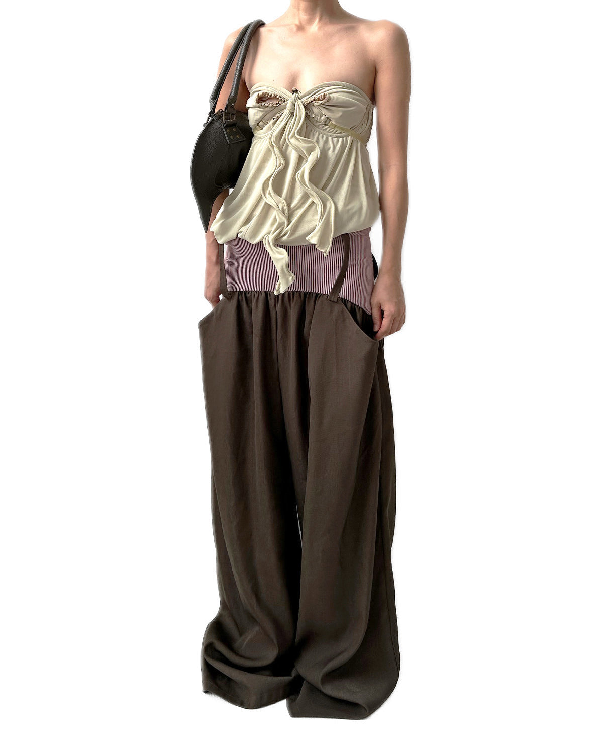 Low-rise Twill Oversized Baggy Trousers Taupe w/ Pink Rib Band