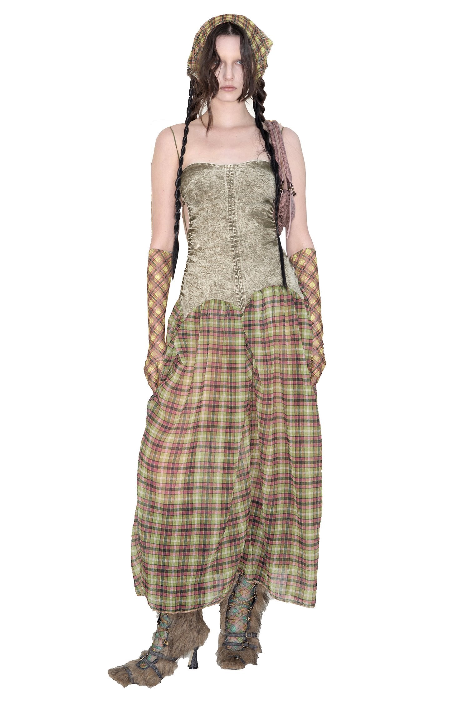 Plaid Denim Bubble Maxi Dress Mono