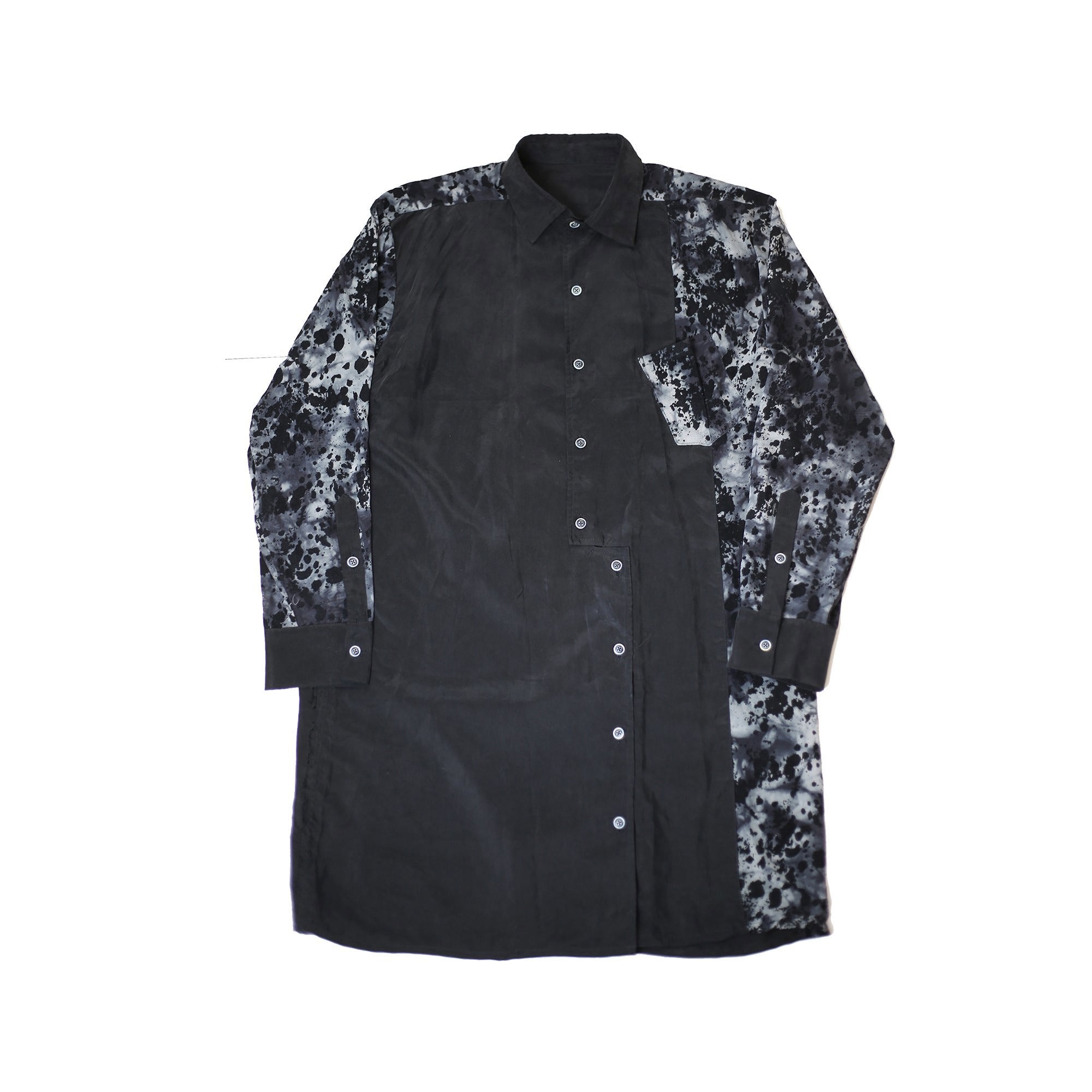 BURN OUT MESH PRINT ASYMMETRICAL LONG SHIRT