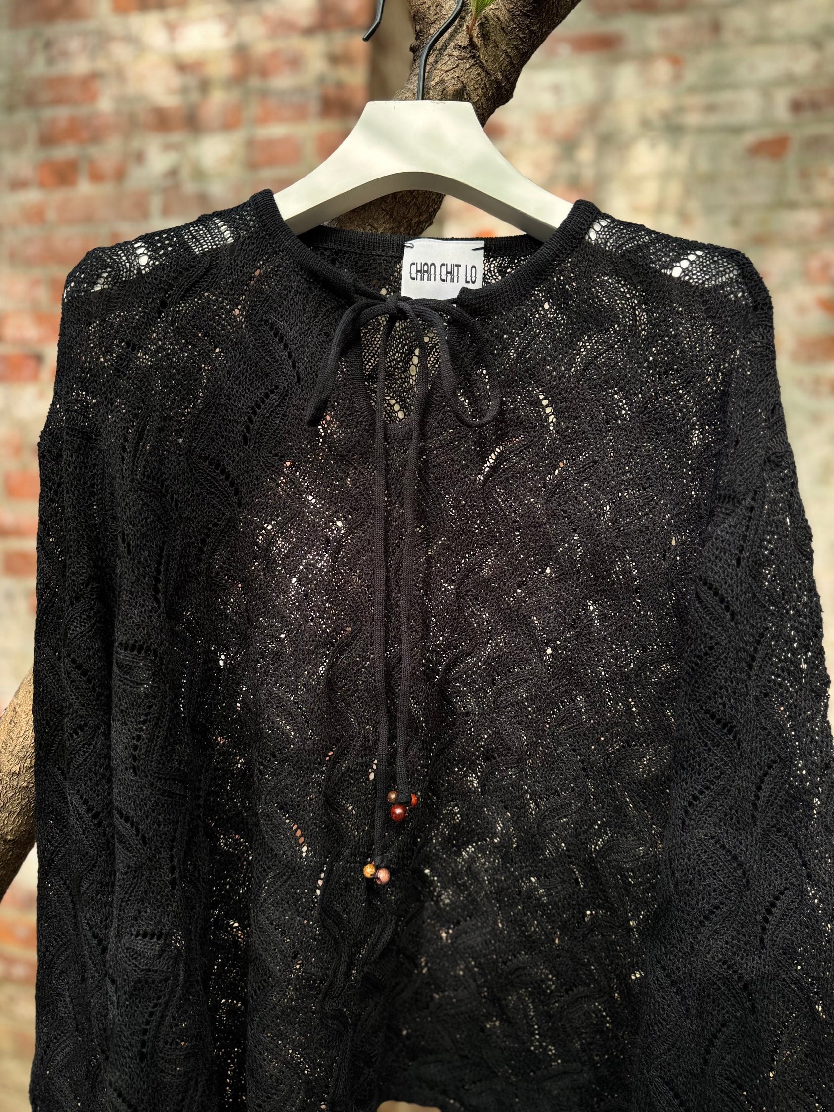 RIPPLE LACE STITCH WOOD BEAD TIE UP SWEATER