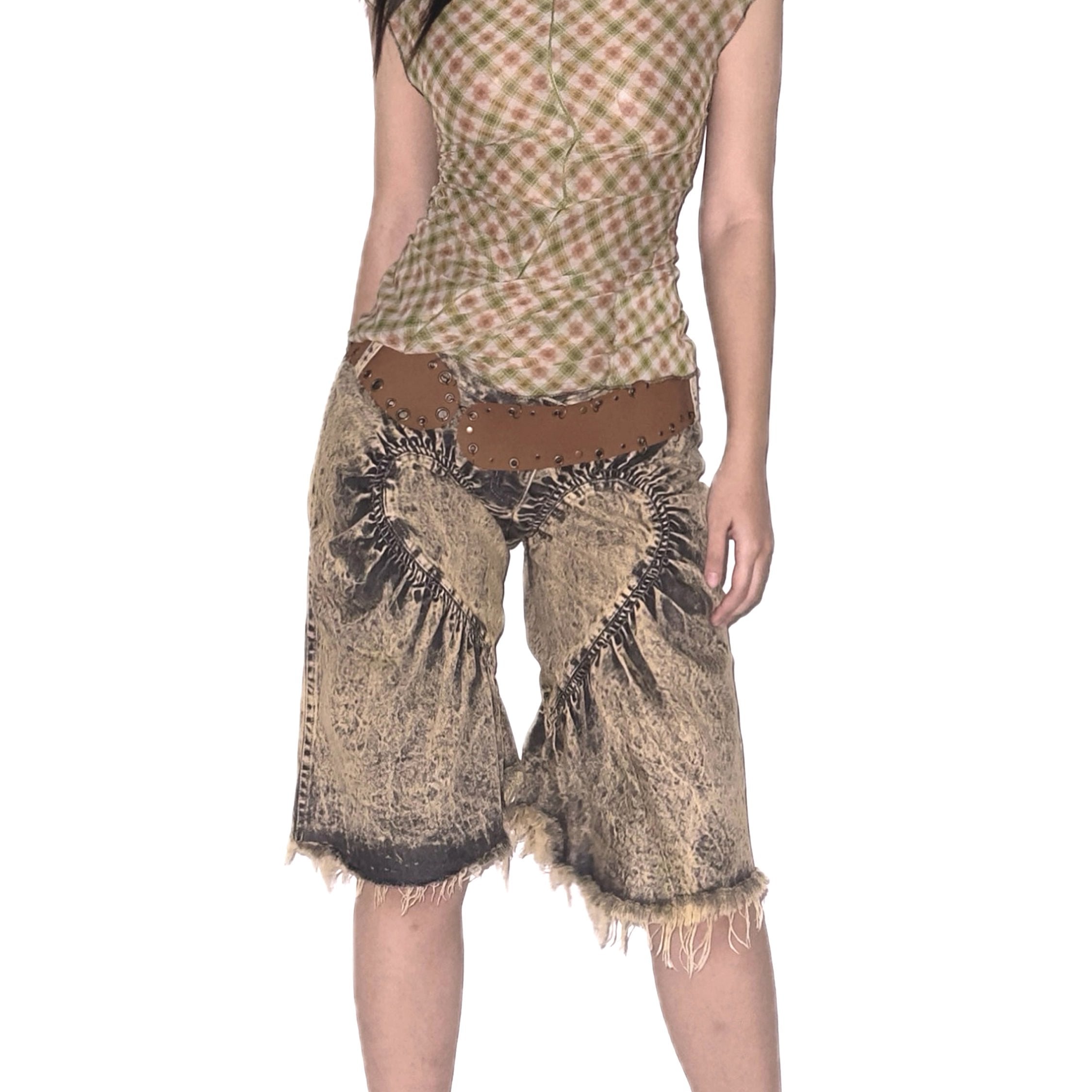 Unisex Ruched Heart Distressed Denim Shorts Black