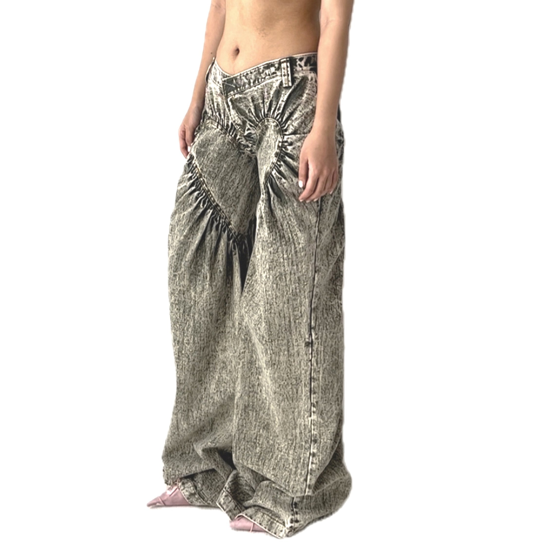 Unisex Ruched Heart Distressed Denim Jeans Green