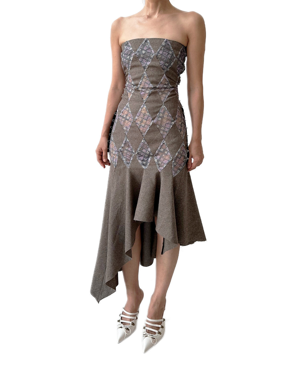 Patchwork Lace Purple Plaid Office Flared Midi Dress