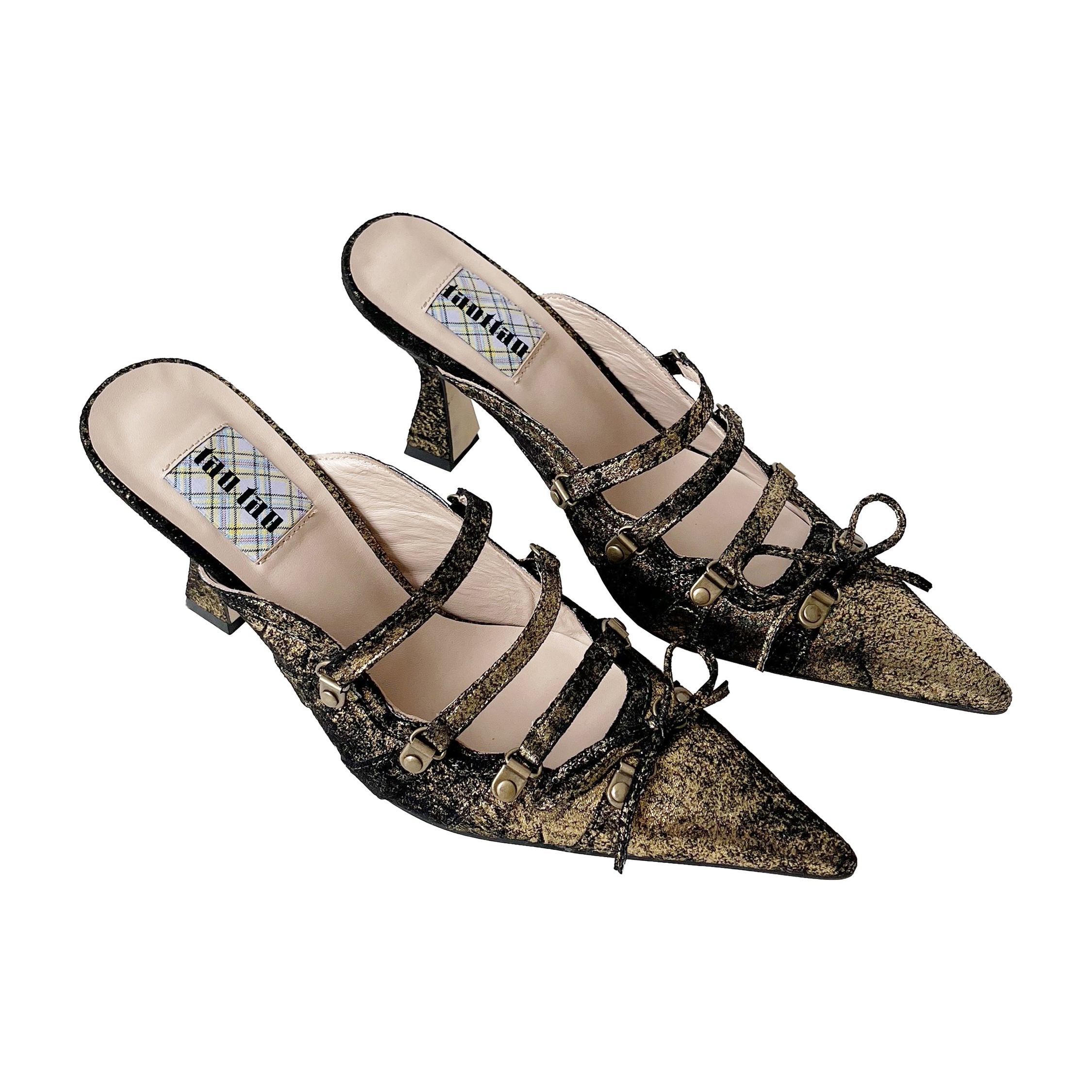 Gold Suede Satin Lace Up Pointed Toe Mules