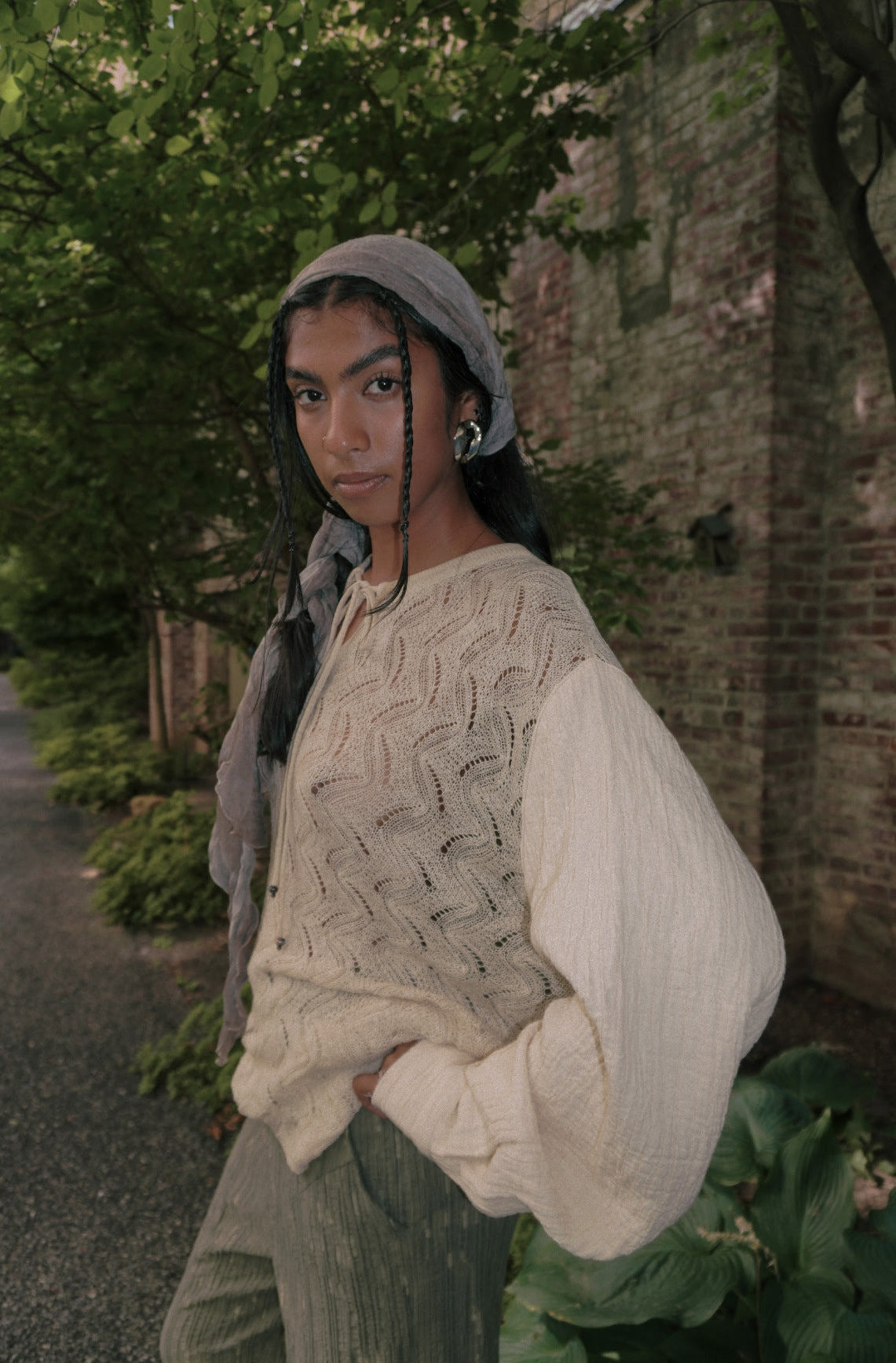 Lace Knit Patched Shirt Sleeve Top