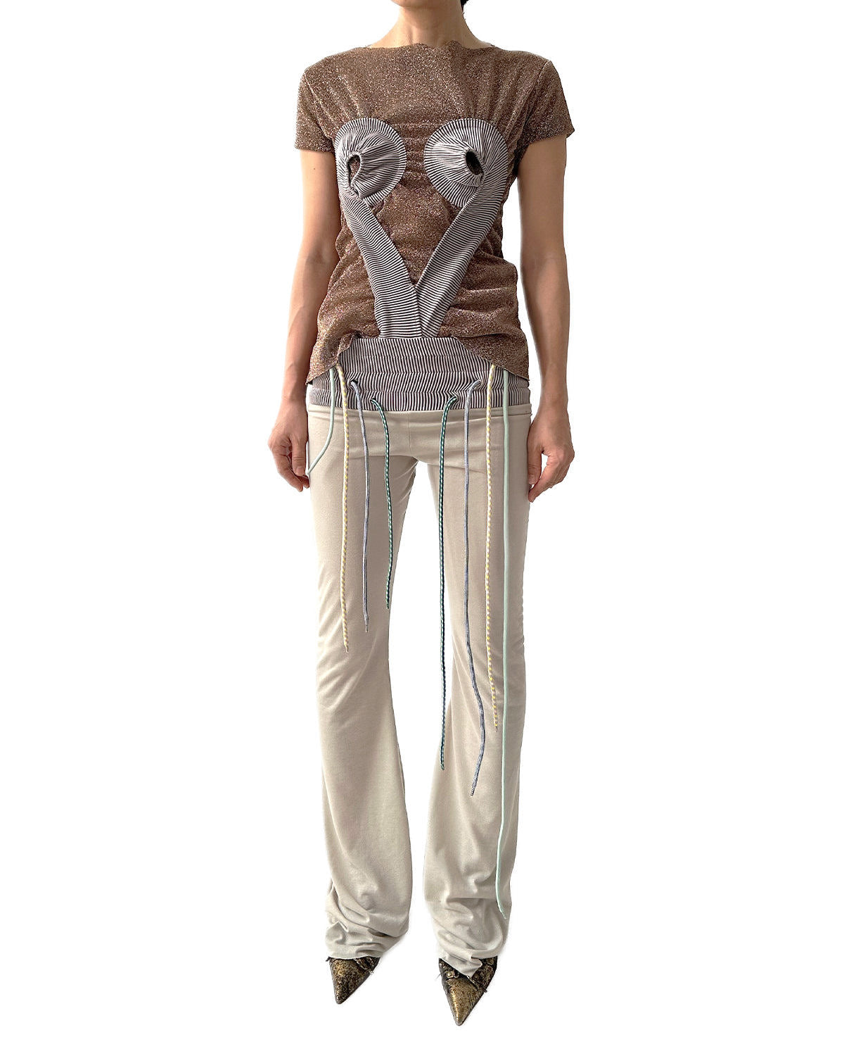 Low-rise Jersey Rib Flared Pants Beige Thistle w/ 4 Strings