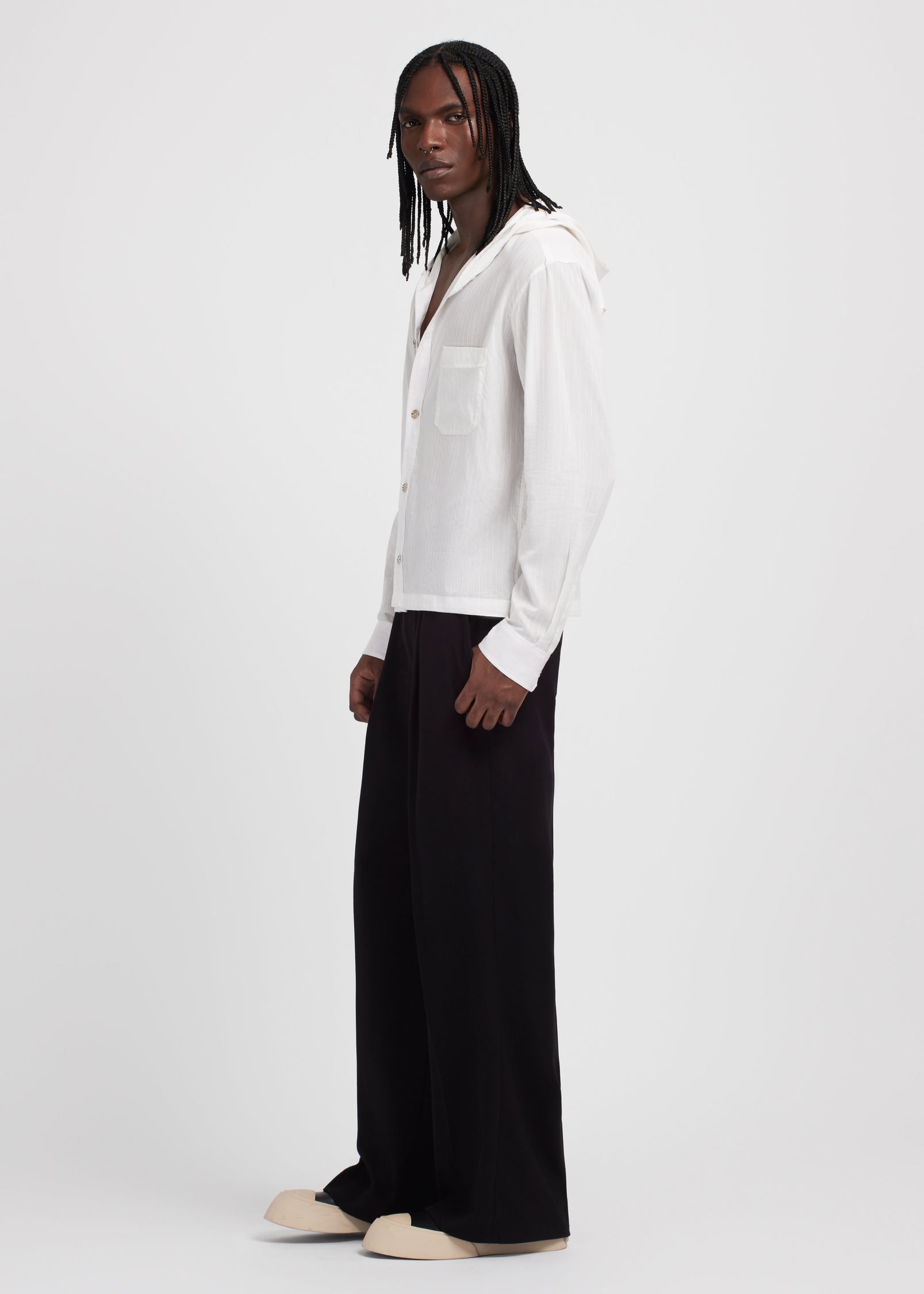 White Shadow-Stripe Hoodie Shirt