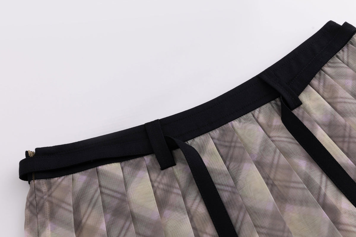 Patchwork Organza Pleated Midi Skirt Black Porcelain