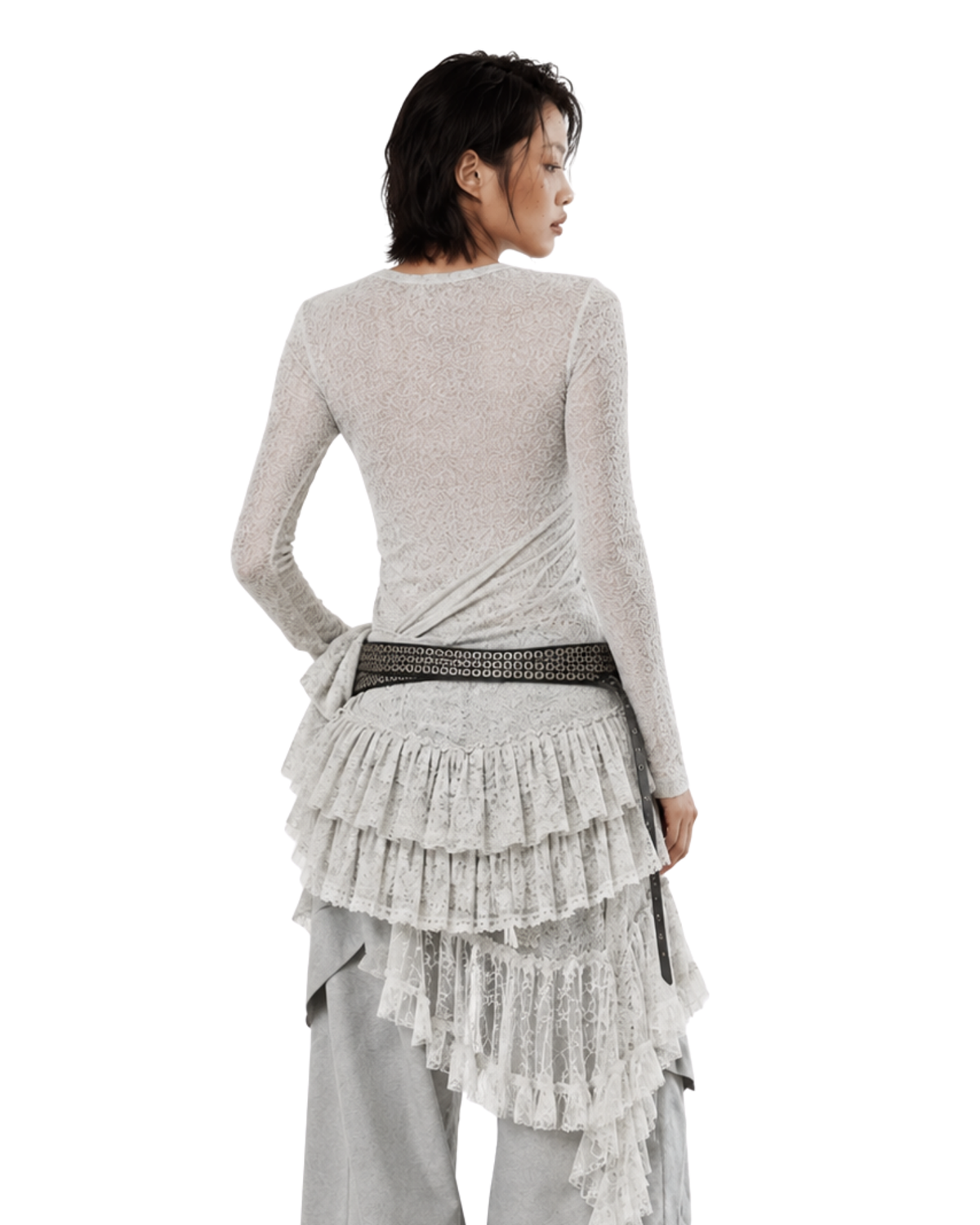ALLIN Irregular Lace Ruffle Knit Top