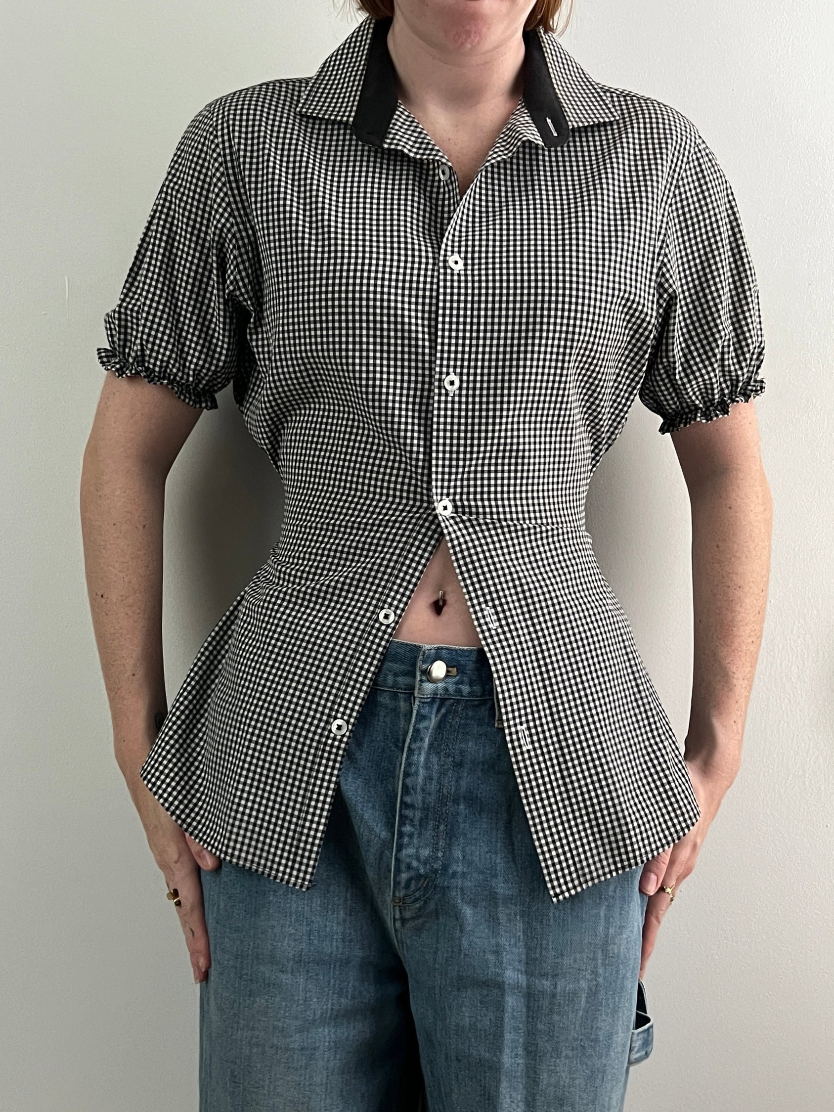 Puff Sleeve Button Blouse- Plaid