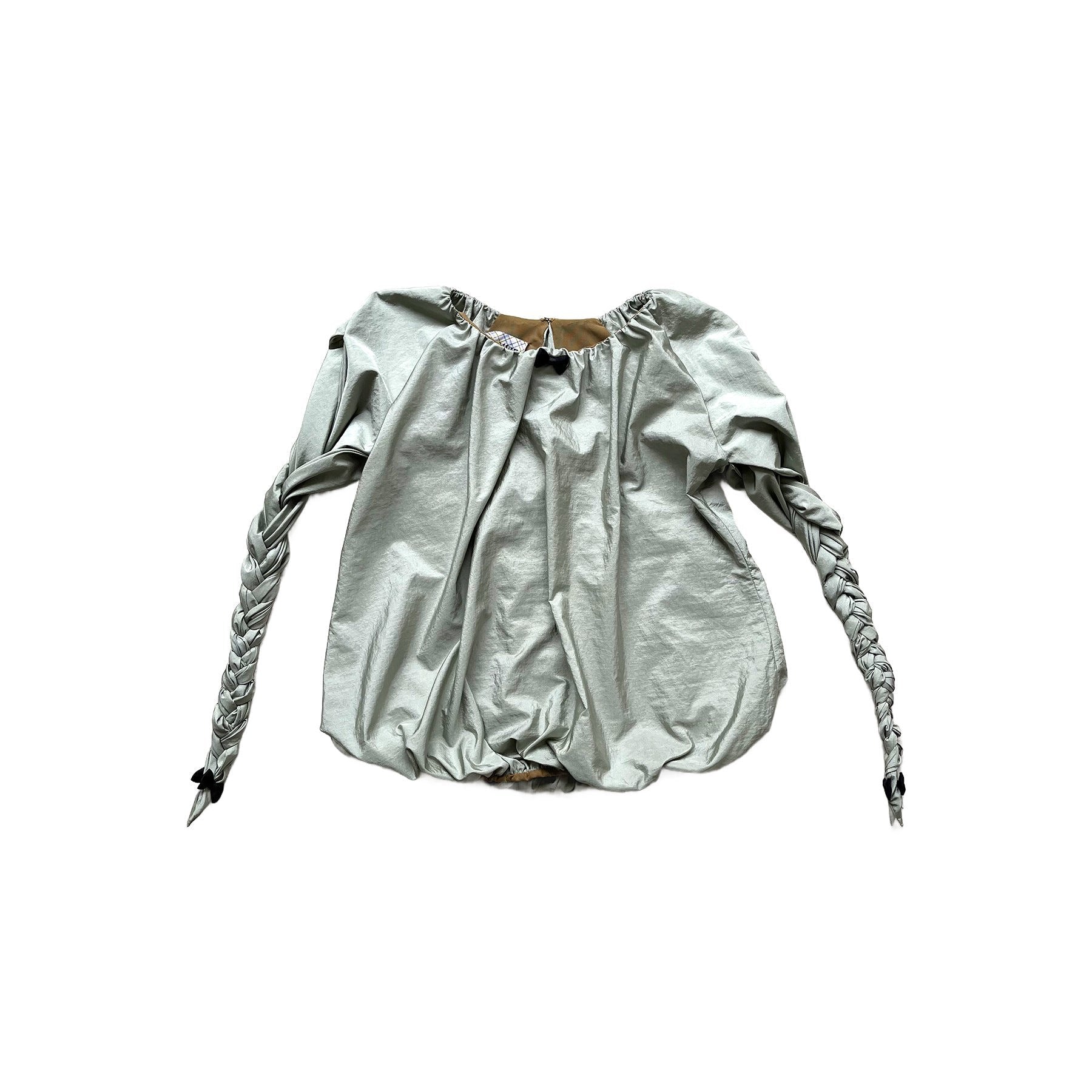 Balloon Braided Blouse with Bow Glossy Jade