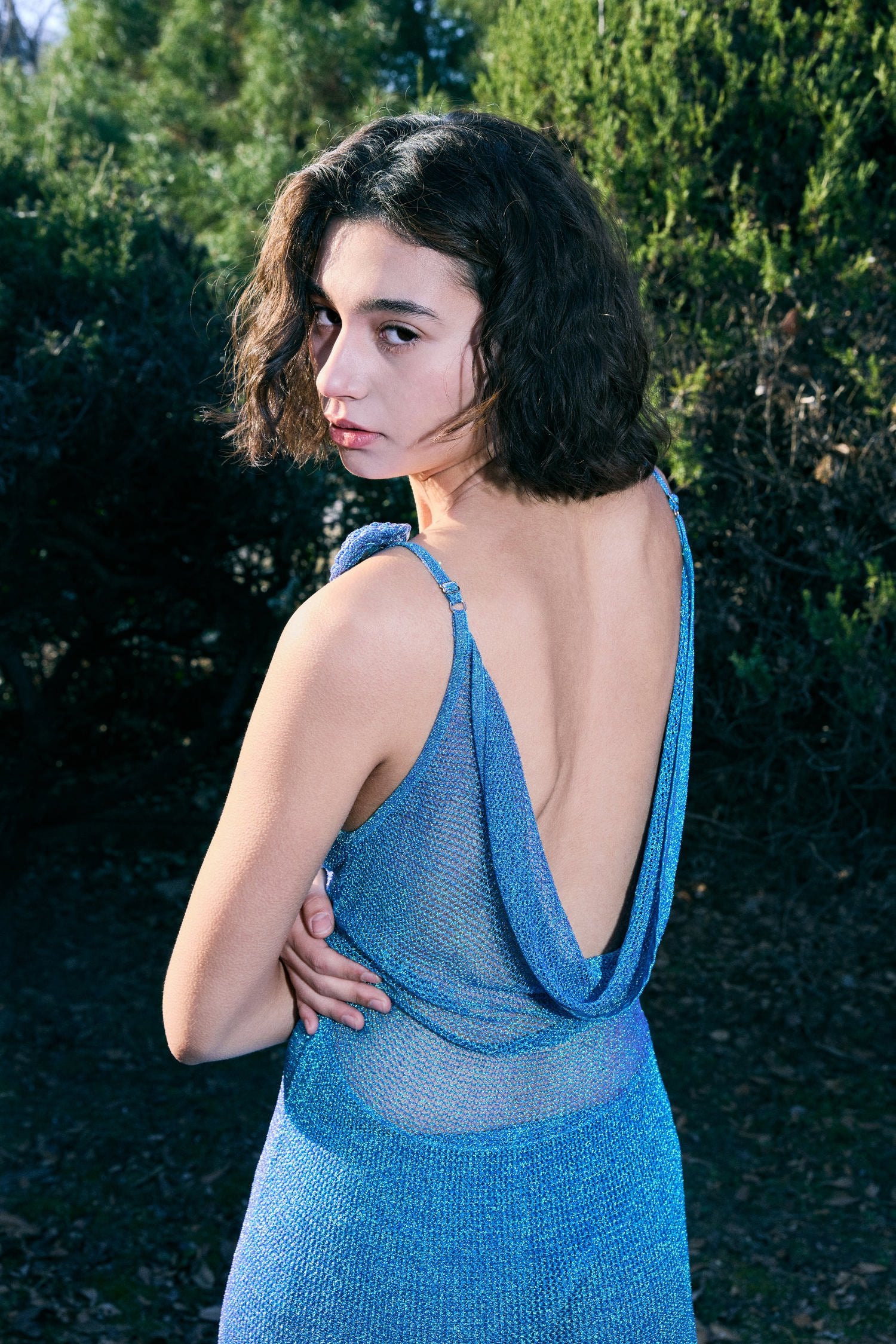 The Galaxy Cowl Back Dress in Twilight