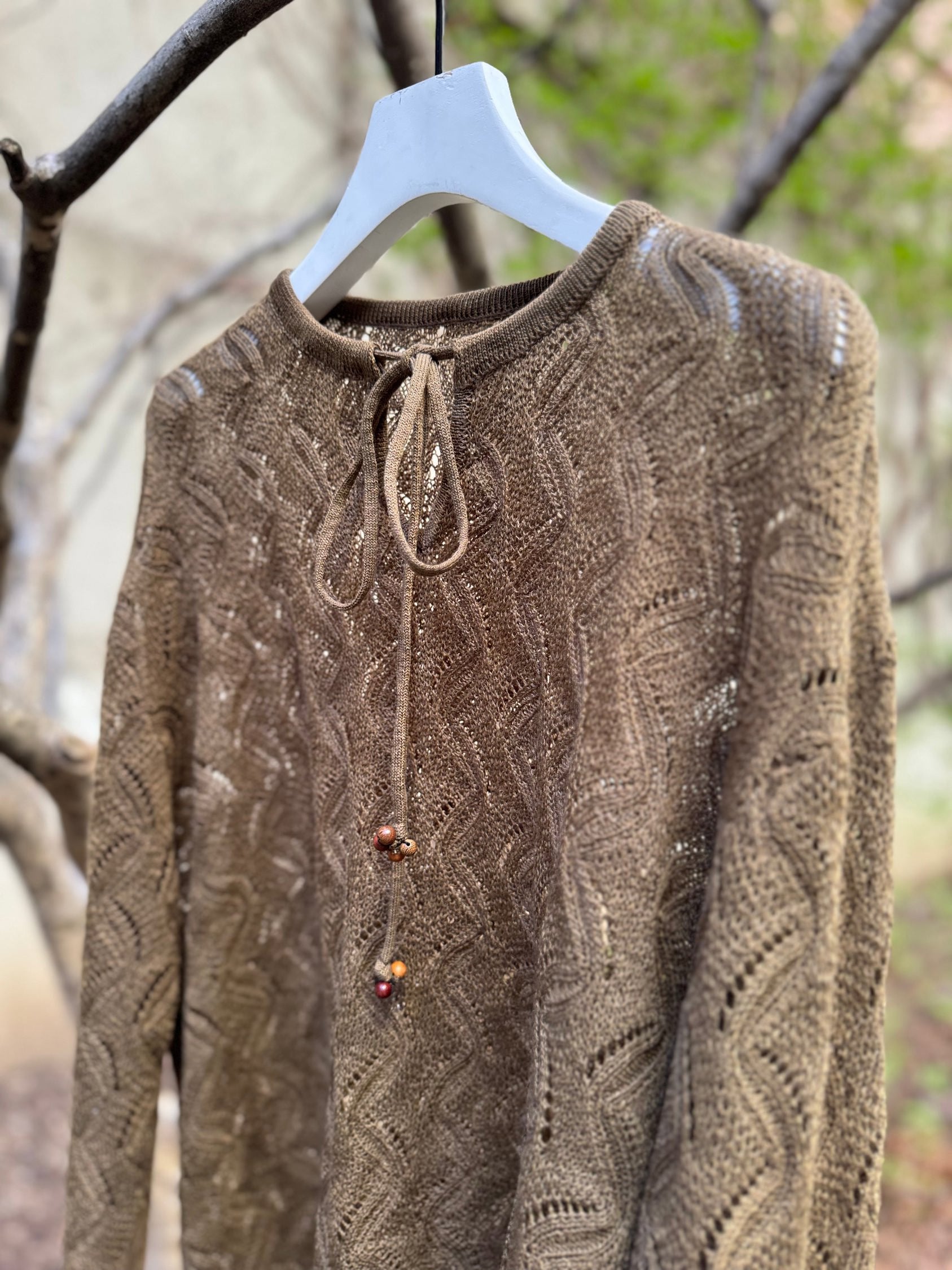 RIPPLE LACE STITCH WOOD BEAD TIE UP SWEATER