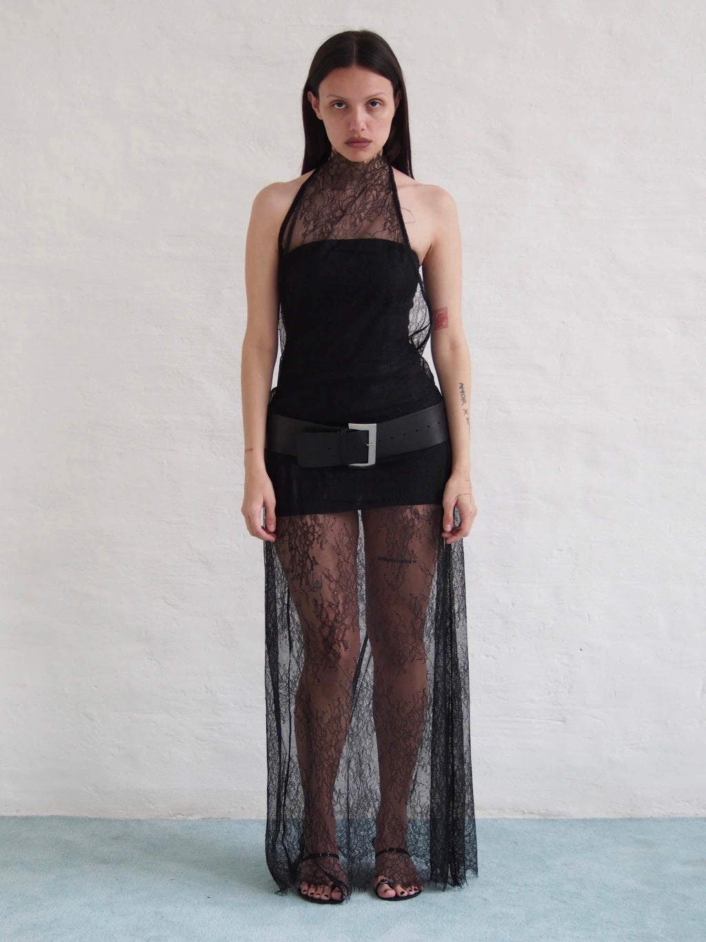 LACE NECK DRESS + STRAPLESS SLIP - BLACK