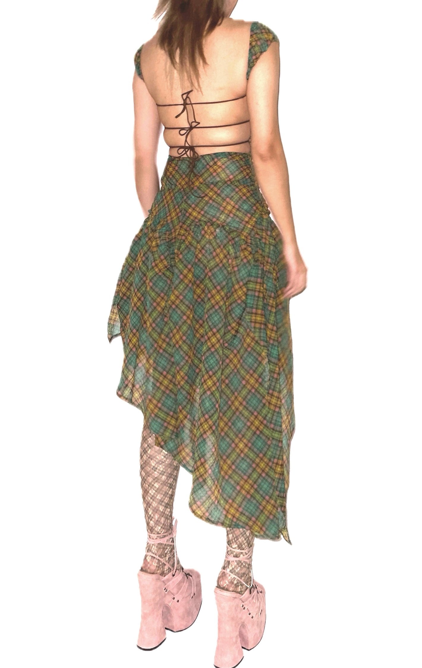 Plaid Puff Chiffon Asymmetrical Dress Aristo