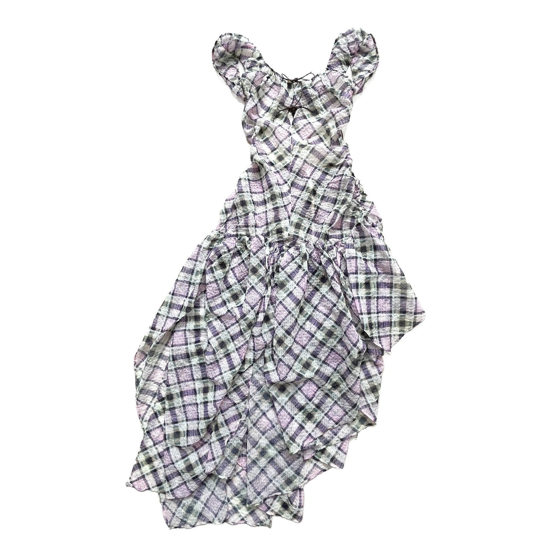 Plaid Puff Chiffon Asymmetrical Dress Lucid