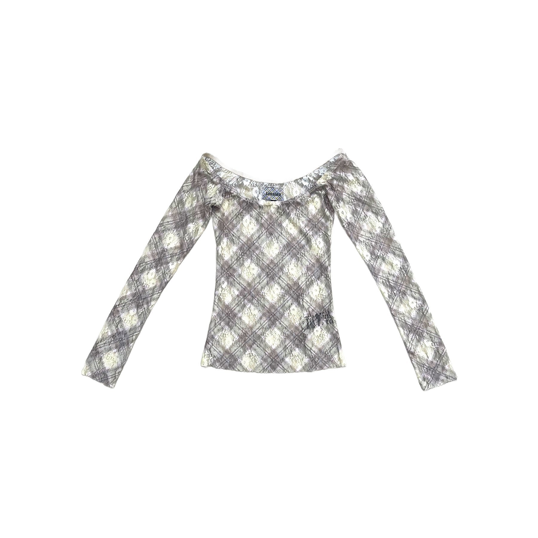 Plaid Lace Off Shoulder Top Porcelain