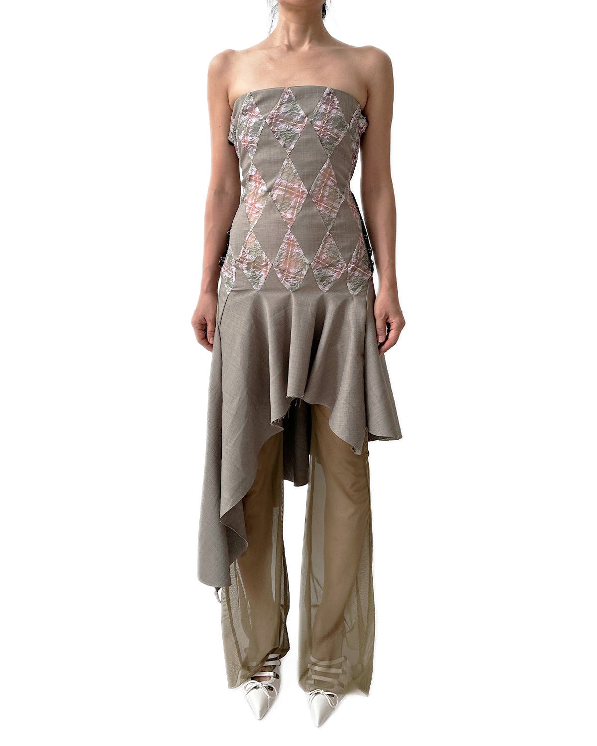 Patchwork Lace Petal Tartan Office Flared Midi Dress