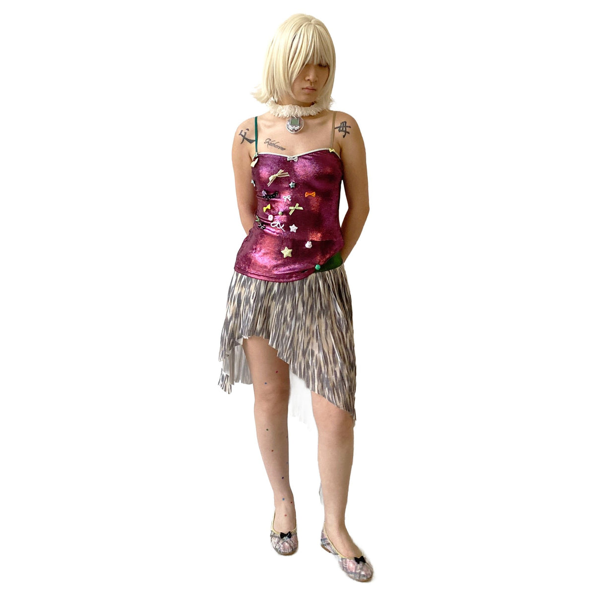 Lizard Zebra Satin Rib-Waistband Pleated Skirt