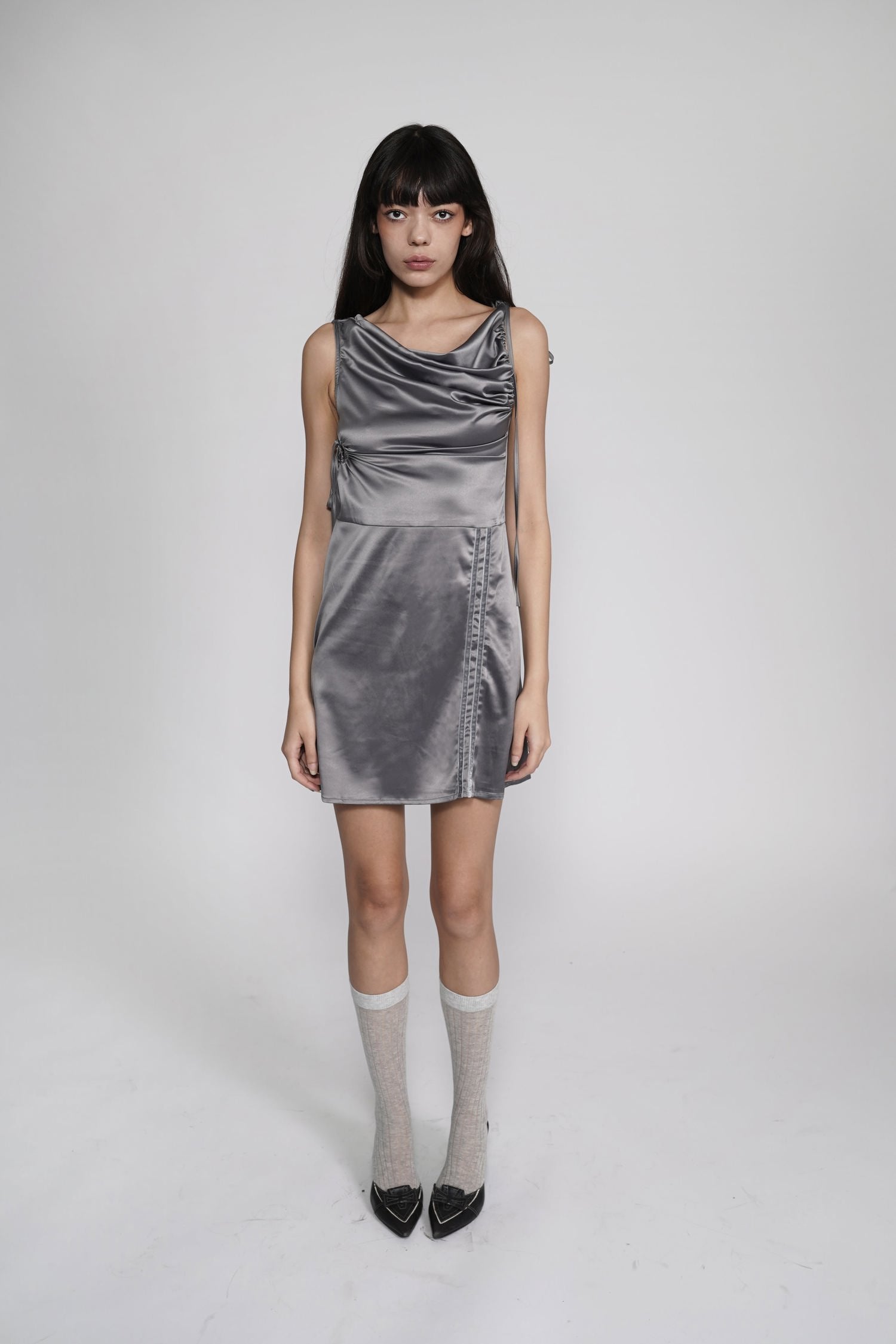 Cowl Neck Satin Dress - Charcoal