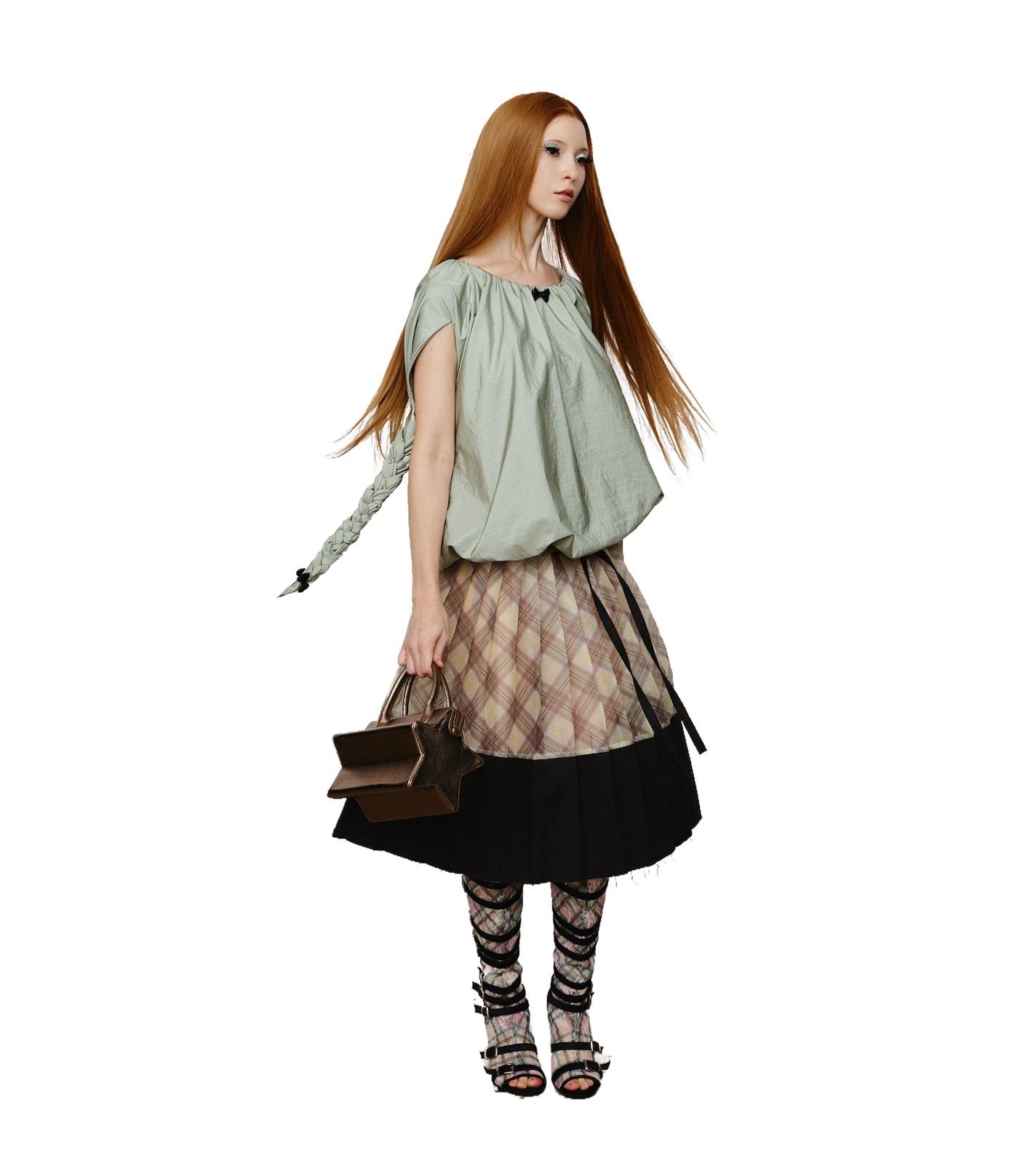 Balloon Braided Blouse with Bow Glossy Jade