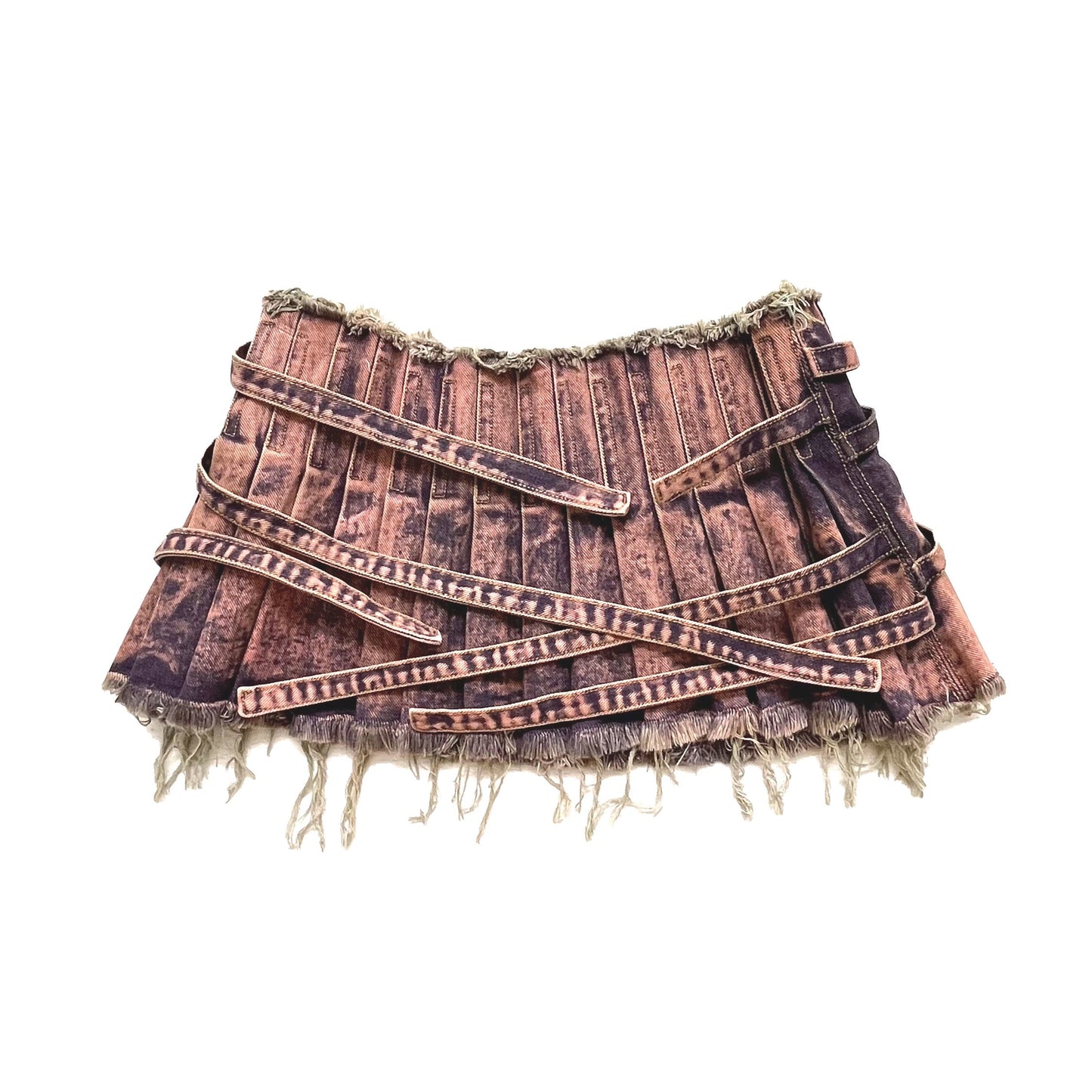 Washout Denim Pleated Skirt With Belts Distressed Pink