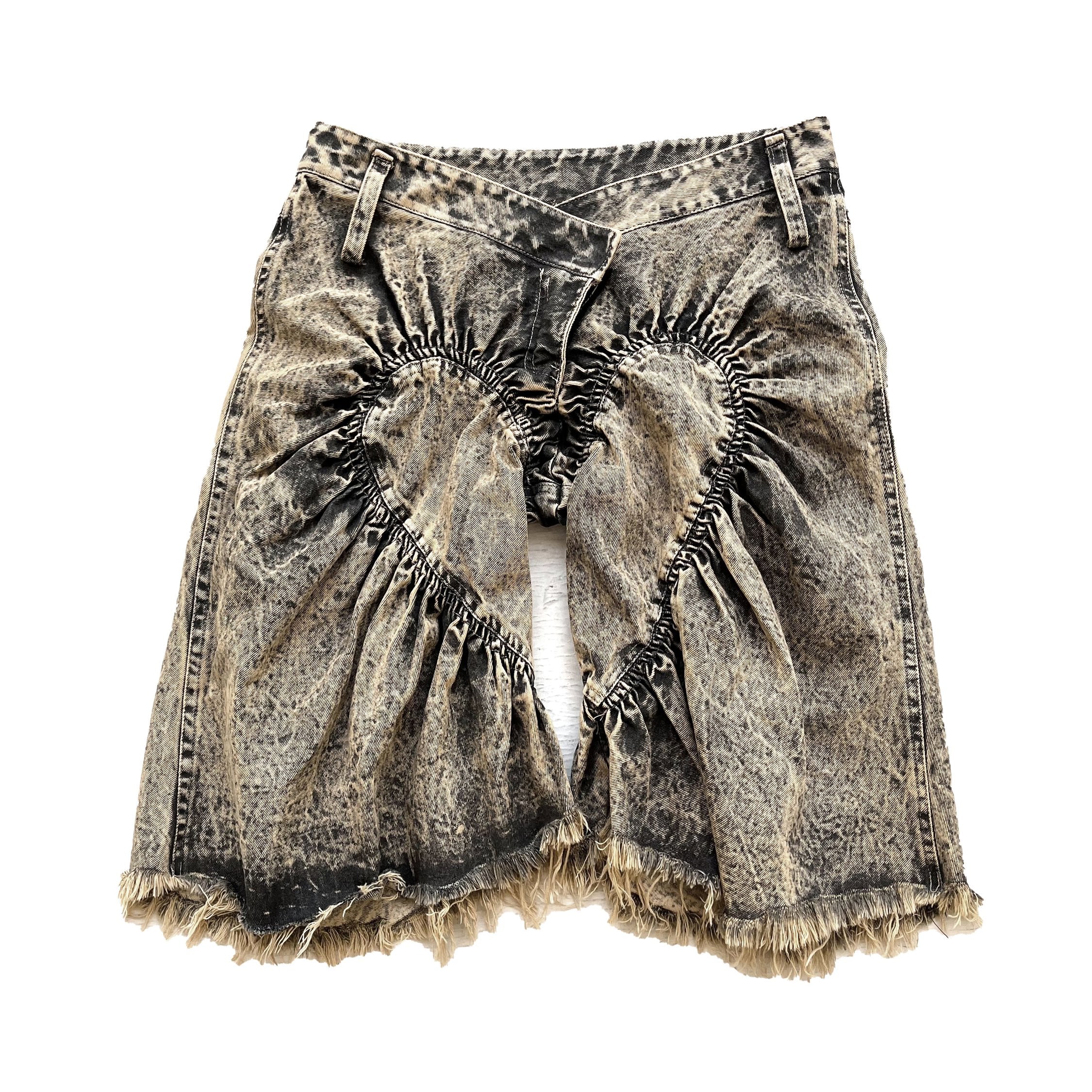Unisex Ruched Heart Distressed Denim Shorts Black