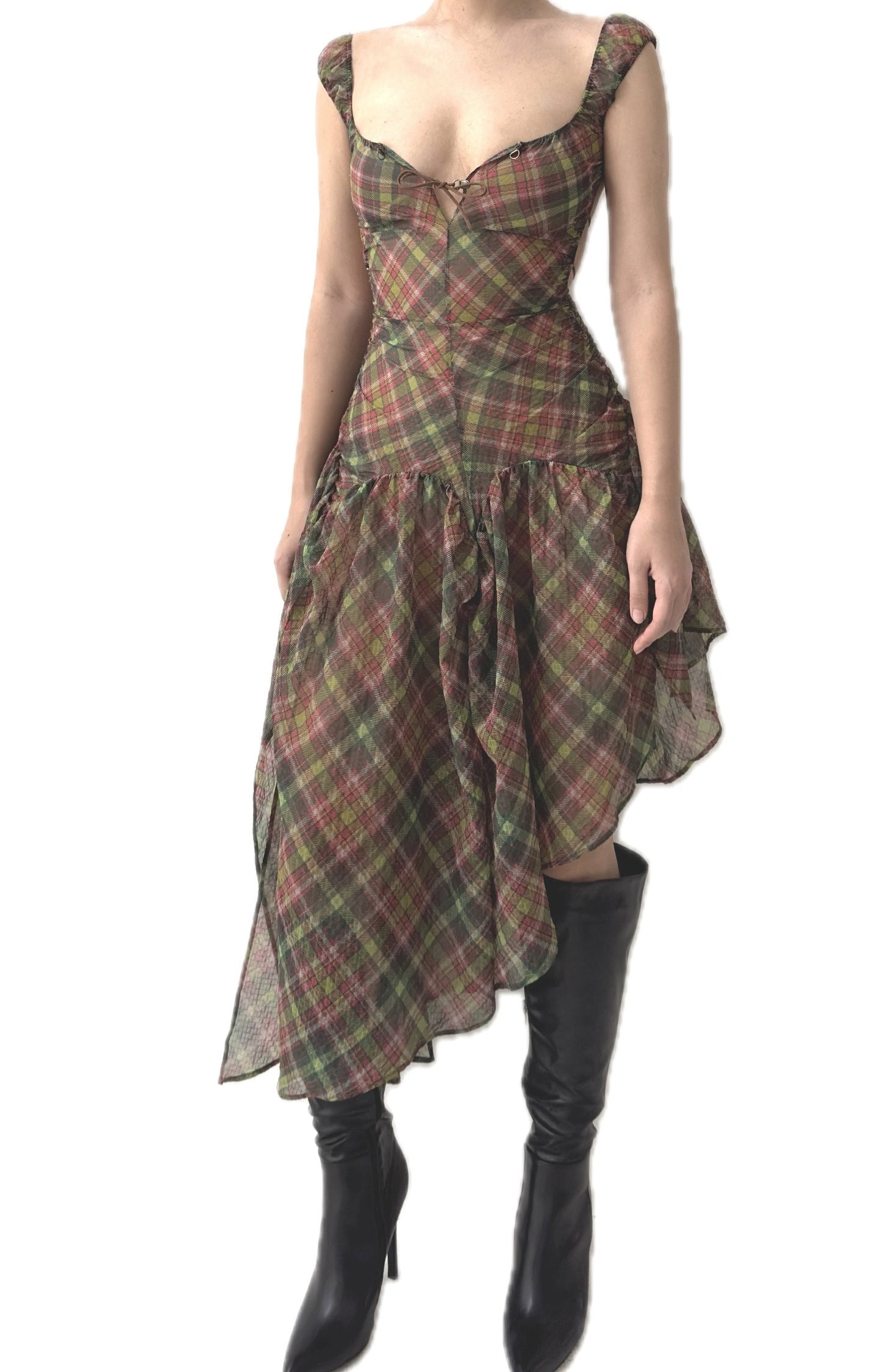 Plaid Puff Chiffon Asymmetrical Dress Pink Tartan