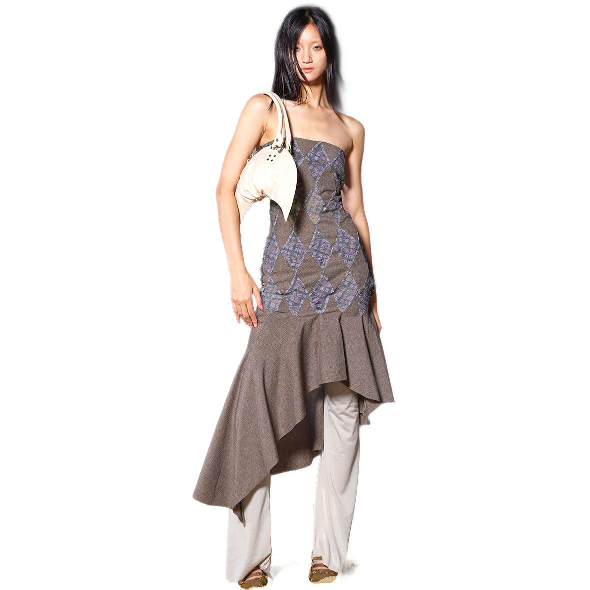 Patchwork Lace Purple Plaid Office Flared Midi Dress