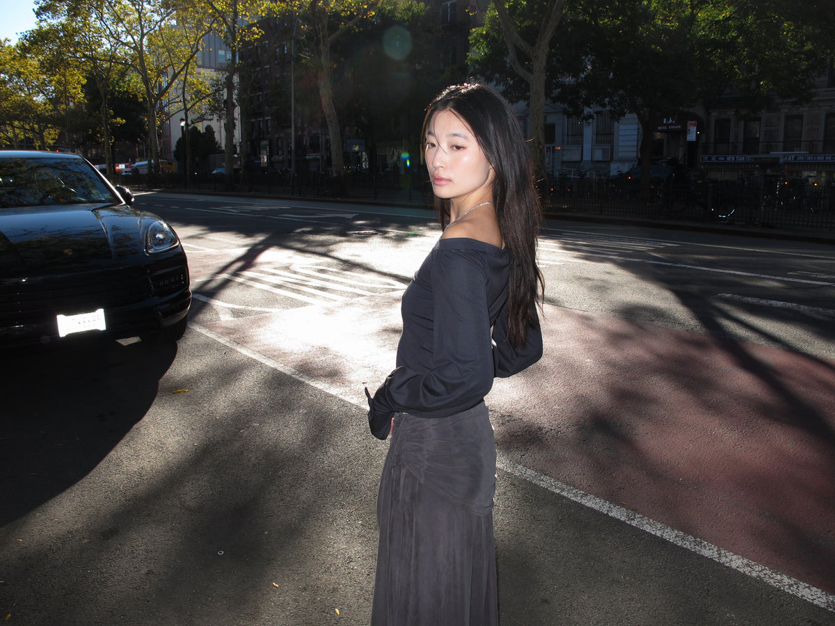 Strata Drape Skirt in Stone Grey