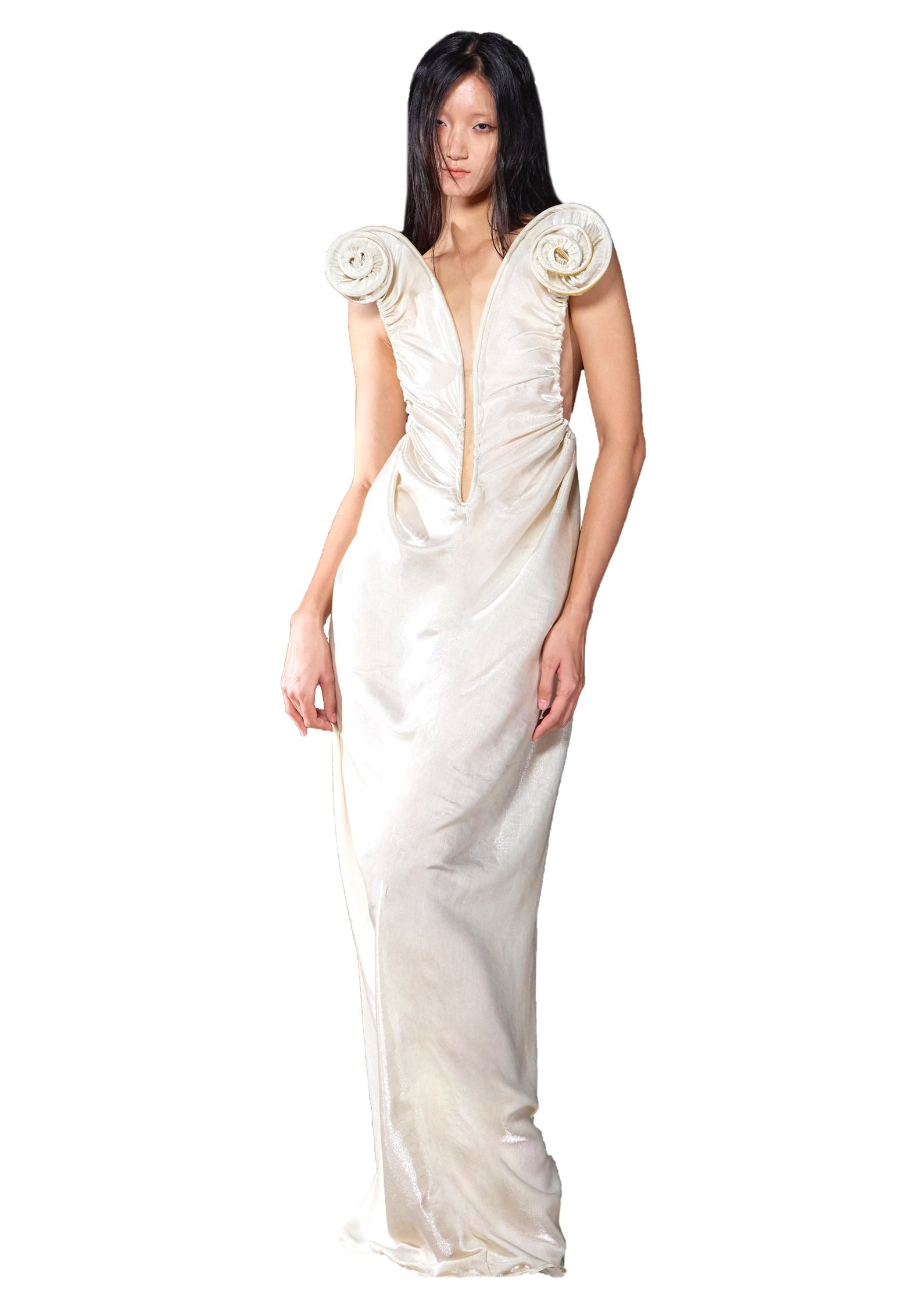 Ivory Satin Glossy Swirl Gown