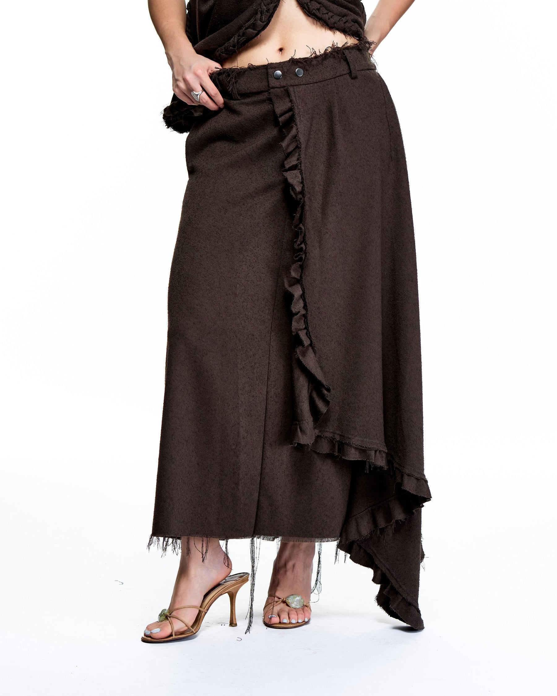 ASYMMETRICAL BOUCLE DRAPY RUFFLE SKIRT_CHOCOLATE