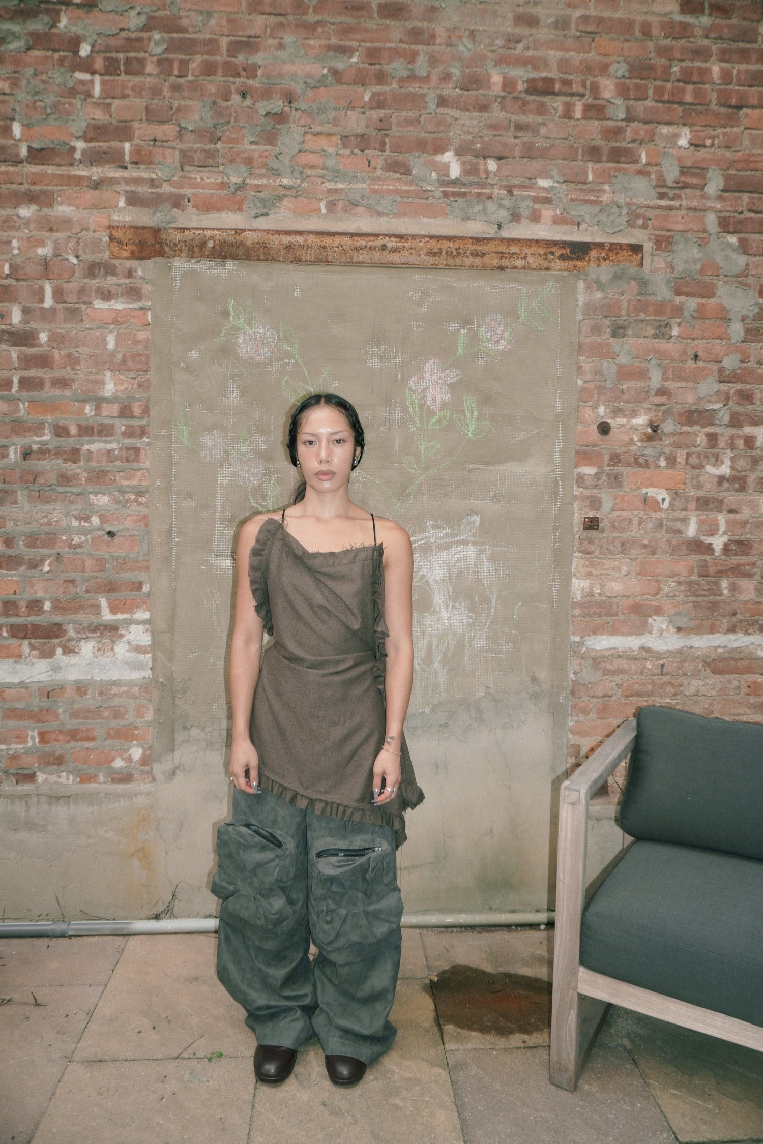 ASYMMETRICAL BOUCLE FLOWY RUFFLE TOP_ BROWN