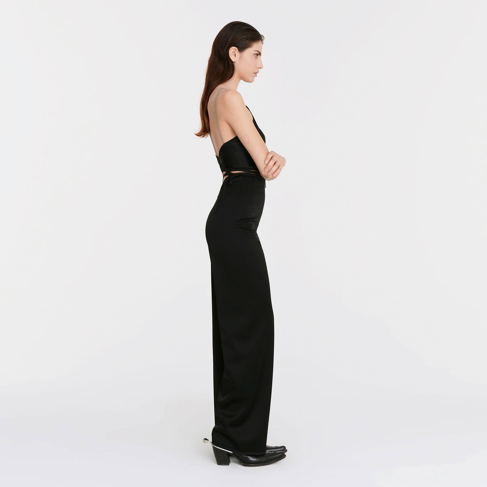 V-Back Trousers in Black Satin