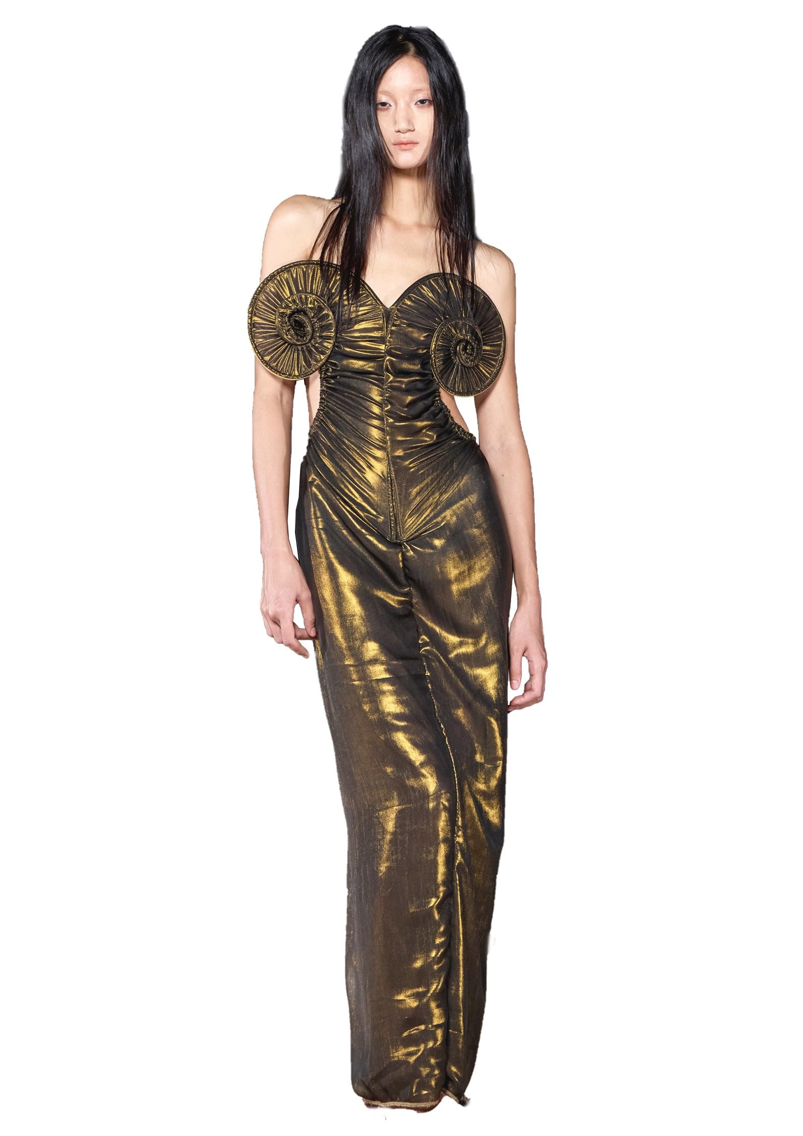 Draped Sea Shell Swirl Maxi Gown Glossy Gold