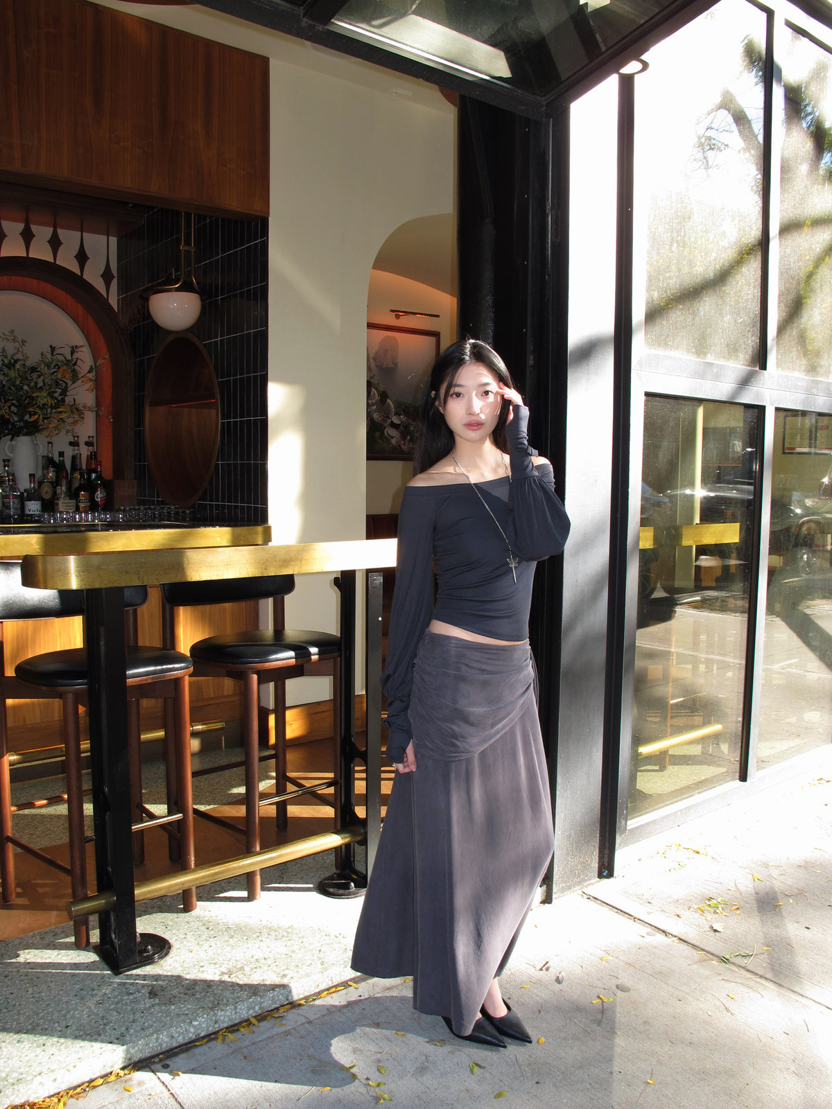Strata Drape Skirt in Stone Grey