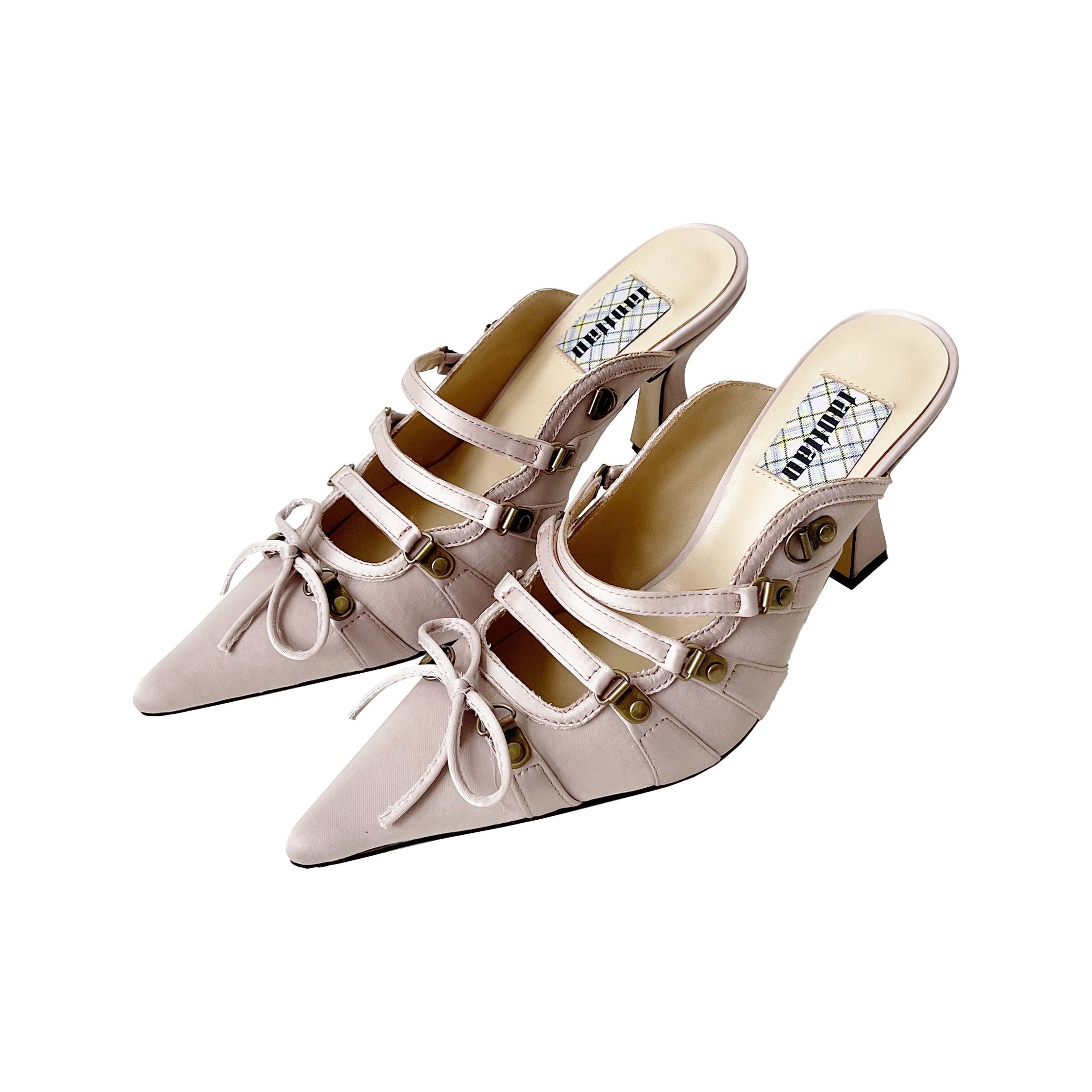 Pastel Pink Satin Lace Up Pointed Toe Mules
