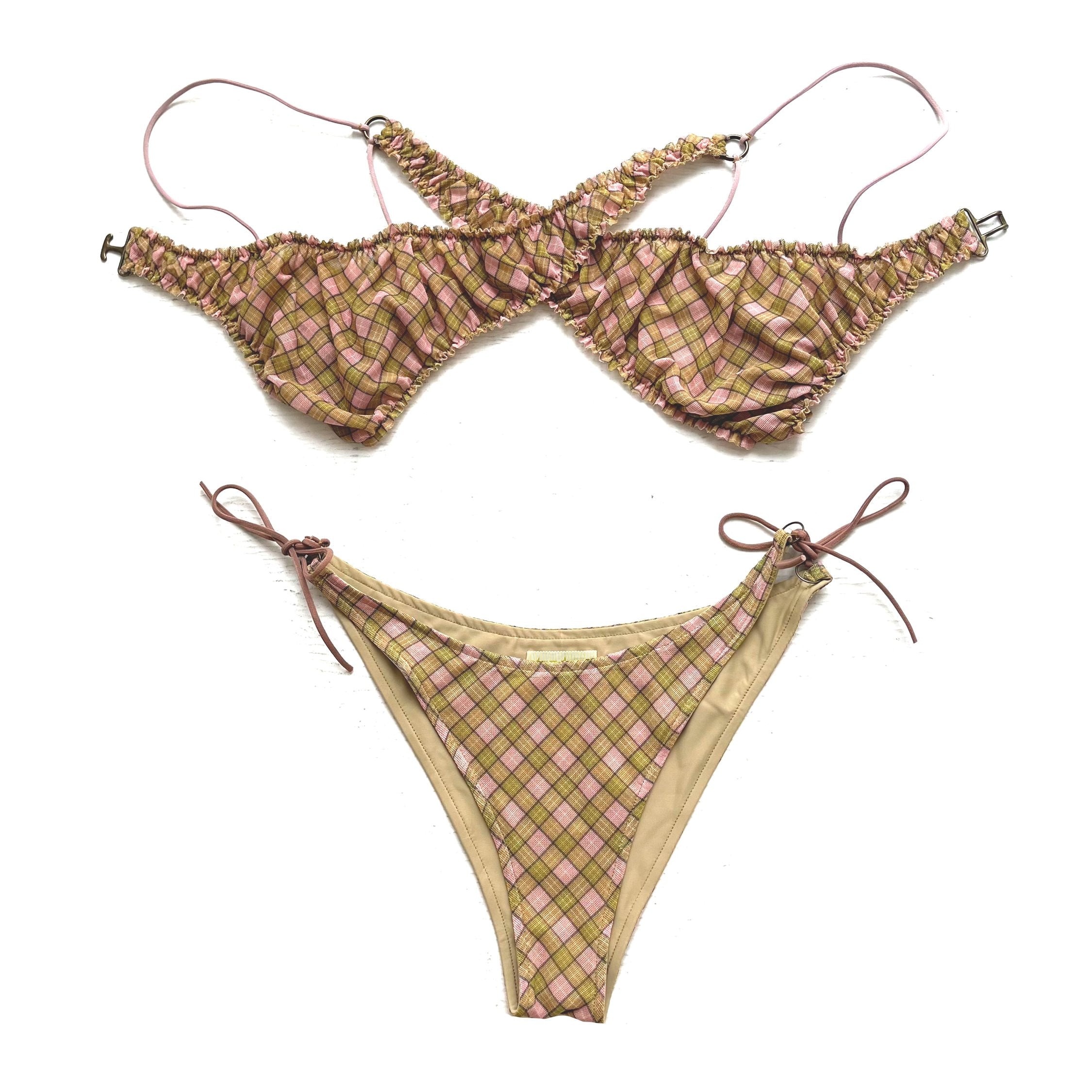 Plaid Mesh Crossover Bikini Set Pink Fenlü Checker