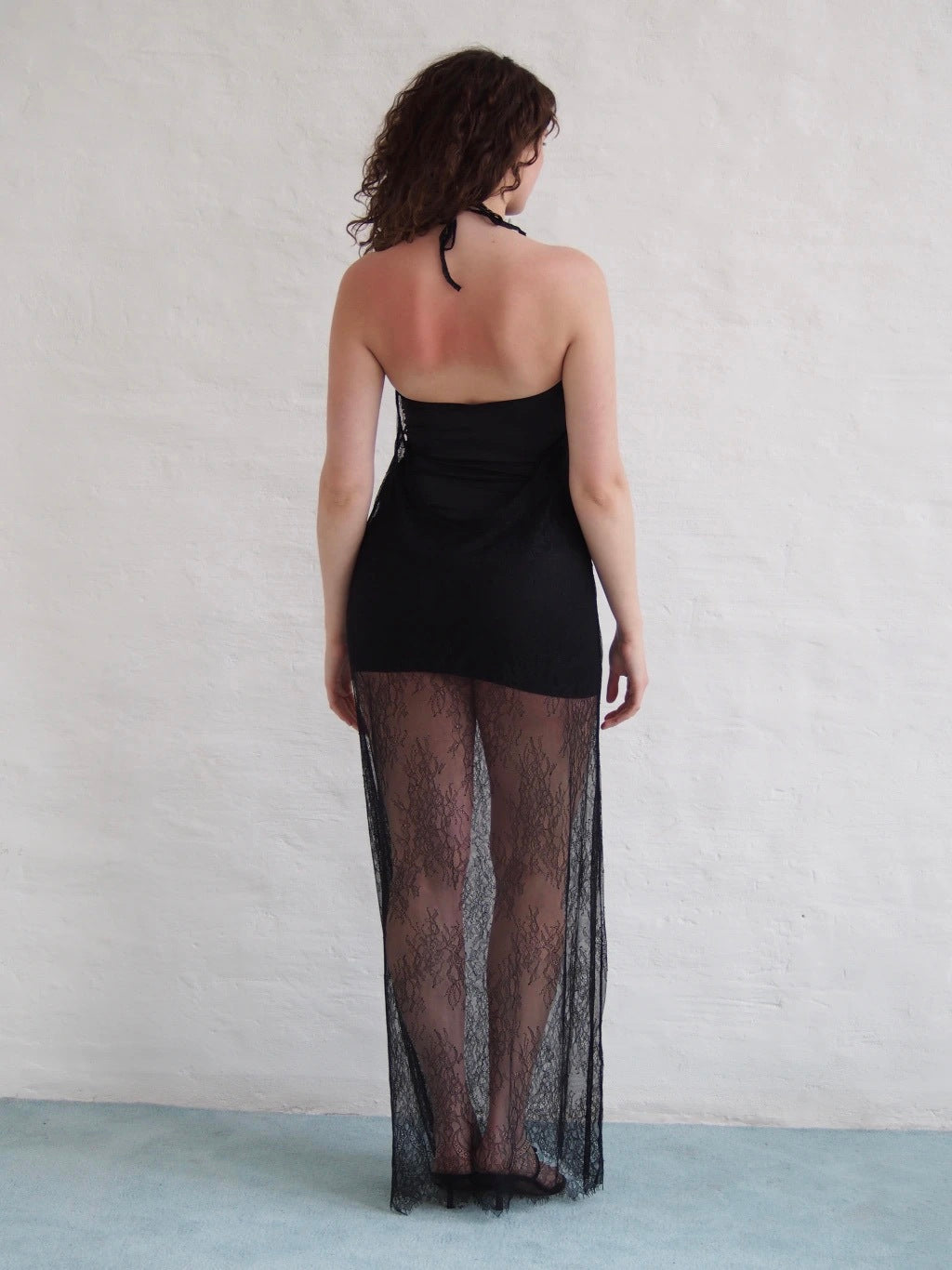 LACE NECK DRESS + STRAPLESS SLIP - BLACK