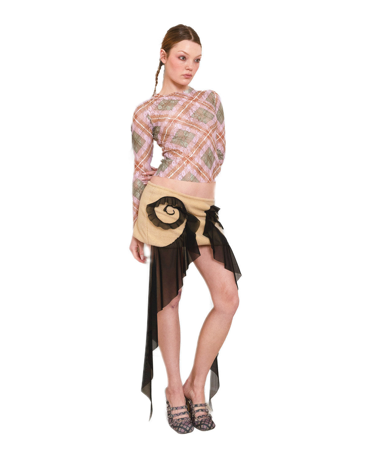 Hakuto Tartan Lace Plaid Long Sleeve Stretch Top