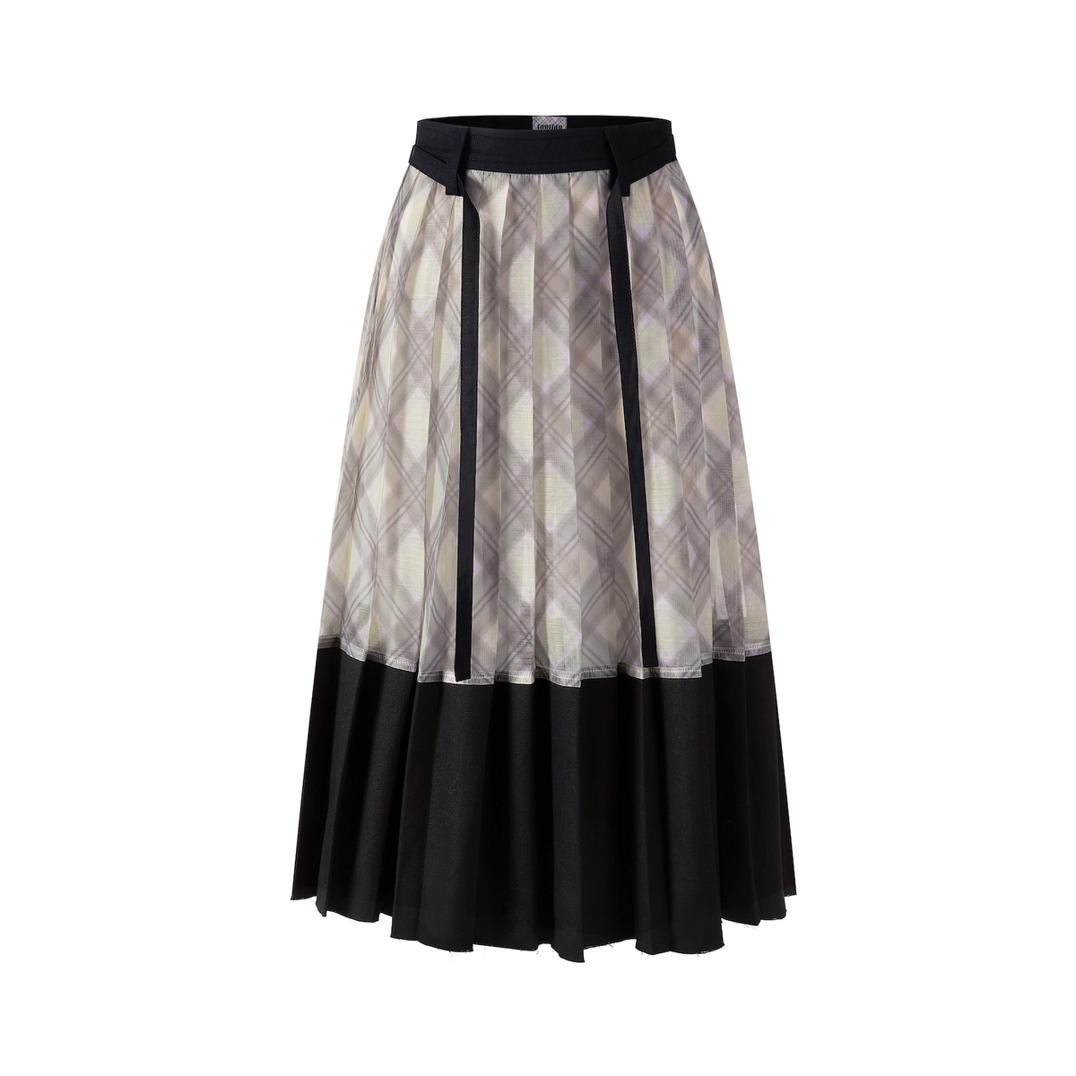 Patchwork Organza Pleated Midi Skirt Black Porcelain