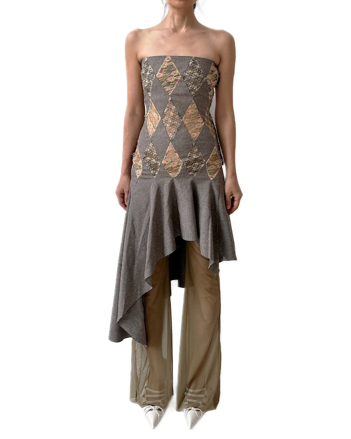 Patchwork Lace Lunar Spring Plaid Office Flared Midi Dress