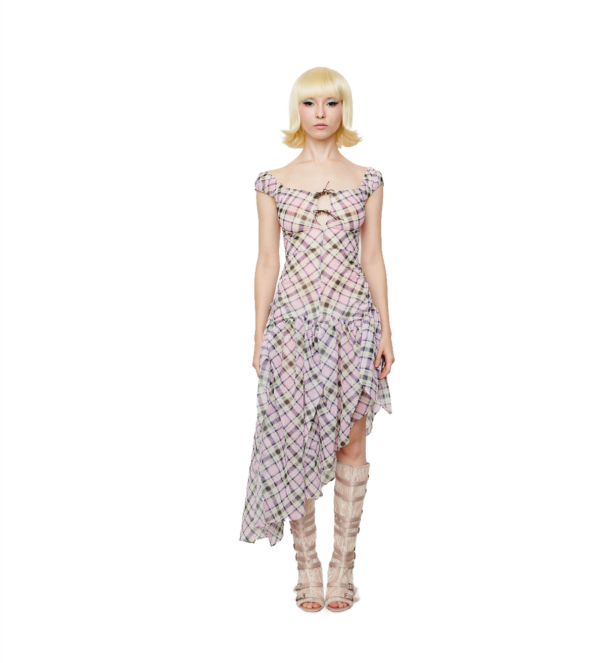 Plaid Puff Chiffon Asymmetrical Dress Lucid