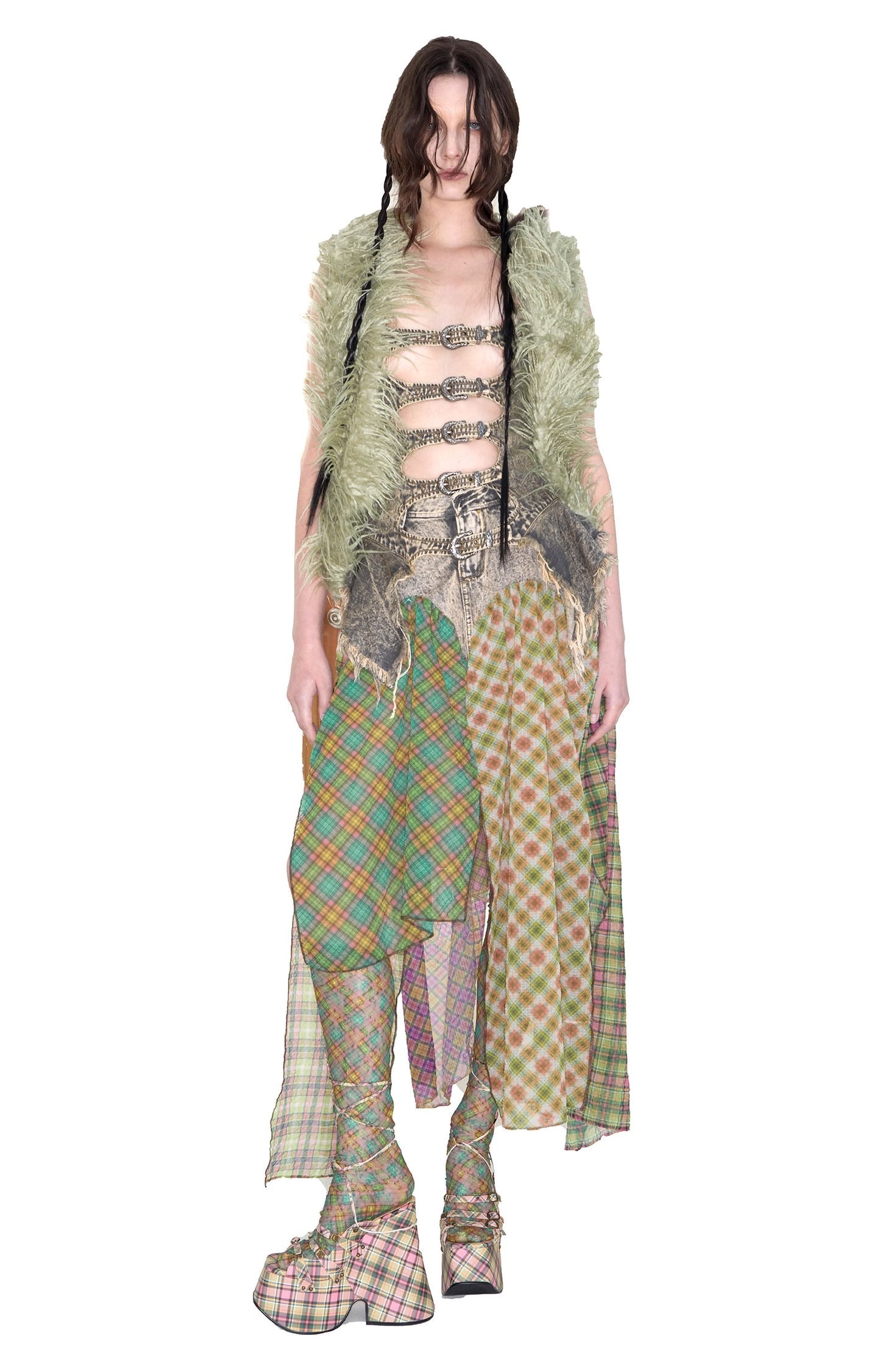 Denim Plaid Patchwork Bubble Chiffon Asymmetrical Maxi Skirt